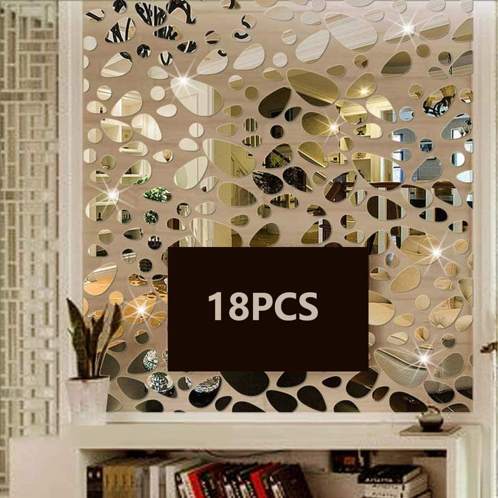 Petluno 18PCS Silver Mirror Decals Acrylic Cobblestone Shape Wall Stickers(Not a Real Mirror), DIY Decor for Home Room Bedroom Office Decoration - Image 1