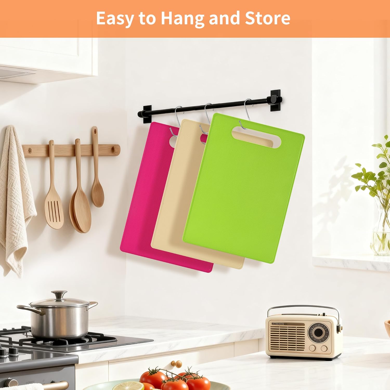 Plastic Cutting Board Set, 3 Pack Small Chopping Boards for Kitchen, BPA-Free, Dishwasher Safe, Color Coded Pads Meat Vegetable Fruit, Easy Grip Handle, Non-Slip, Space Saving  11.4