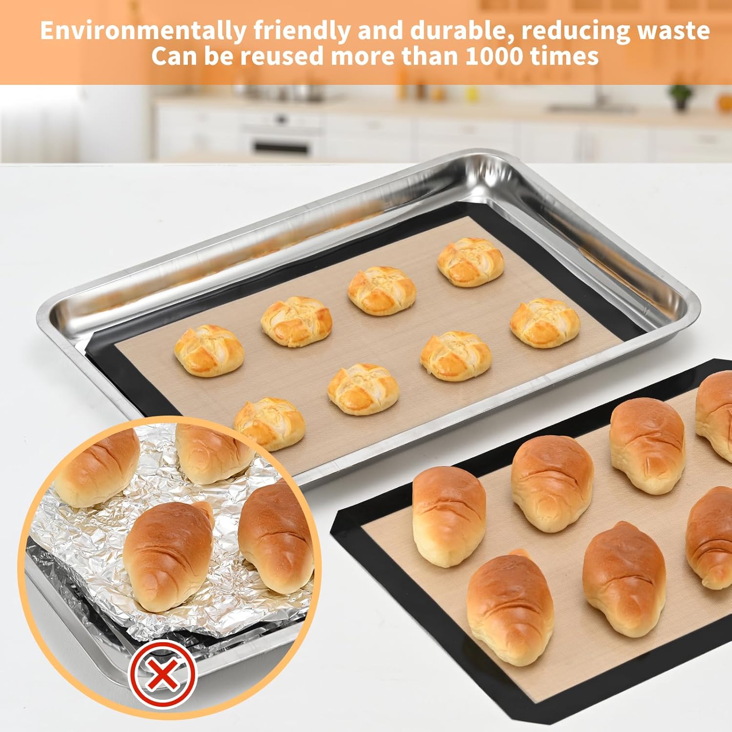 2-Pack Silicone Baking Mats – Non-Stick Reusable BPA-Free Oven Liners, 100% Food-Grade Silicone, Fit Half Sheet Pans (16.54