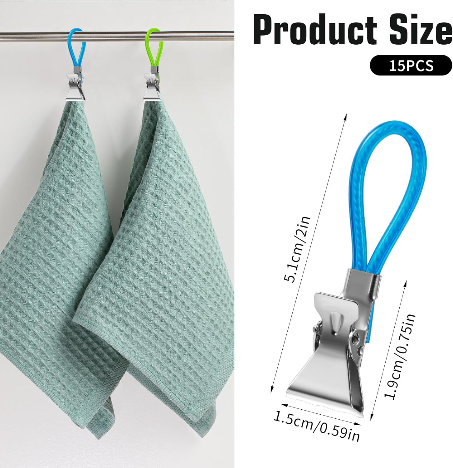Xindojuz 15 PCS Kitchen Towel Clips, Metal Beach Chair Clips with Hanging Loop for Kitchen, Multi-Color Hanging Towels Clip Small Cloth Hook Clip Hangers for Home Bathroom Cupboards (5 Colors) - Image 1