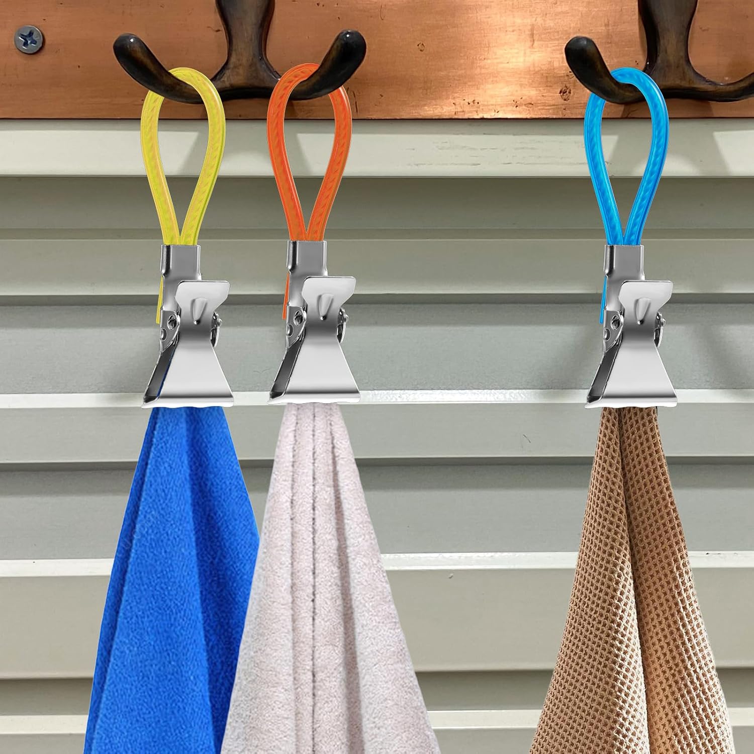 Xindojuz 15 PCS Kitchen Towel Clips, Metal Beach Chair Clips with Hanging Loop for Kitchen, Multi-Color Hanging Towels Clip Small Cloth Hook Clip Hangers for Home Bathroom Cupboards (5 Colors) - Image 4
