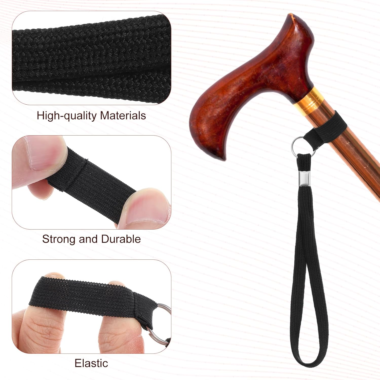 5PCS Walking Cane Wrist Strap Replacement, Black Adjustable Wrist Strap Lanyard Elastic Loop Universal Walking Cane Handle Crutch Straps Accessories for Foldable Sticks Standing Canes Seniors Crutches - Image 2