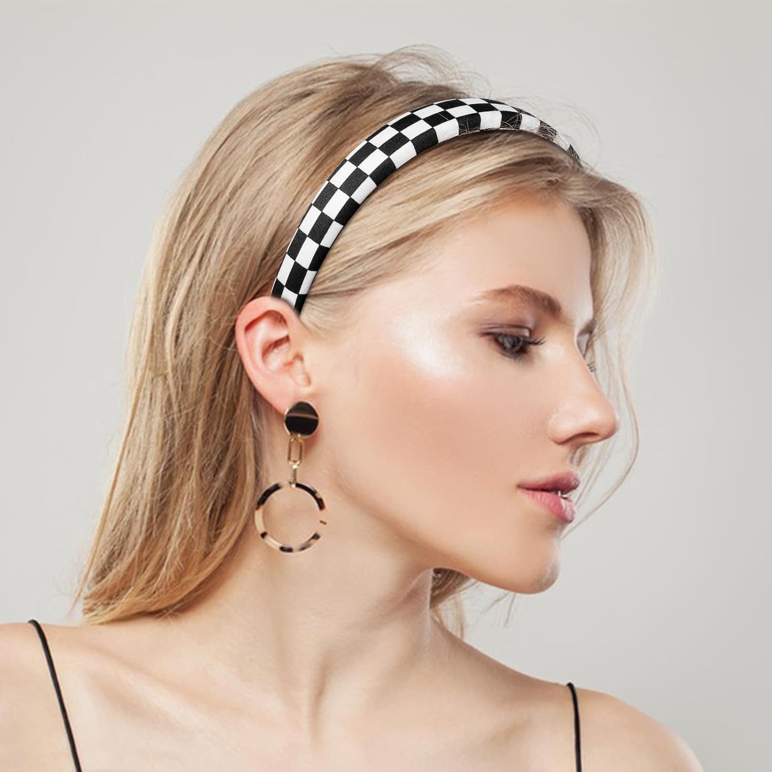 Xindojuz 1 PCS Buffalo Plaid Headband for Women, Black and White Checkered Headbands Non Slip Sponge Puffy Gingham Head Bands for Women Girls Christmas Party Hair Accessories Check Hairbands - Image 3
