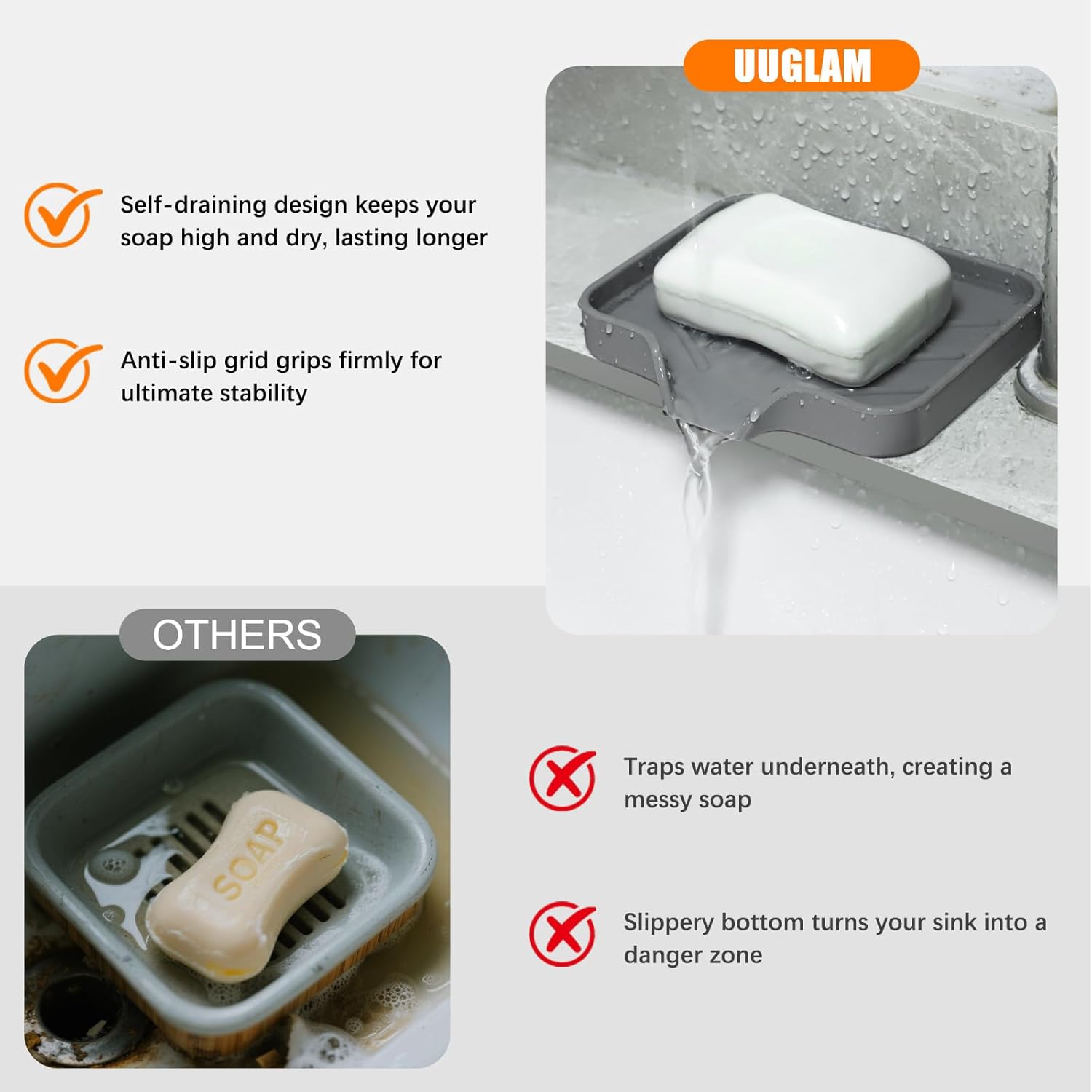 Silicone Soap Dish for Shower with Self Draining, 2 Pack Soap Holder for Bathroom, Silicone Sponge Holder for Kitchen Sink, Soap Tray for Dispenser, Scrubber, Bottle, 4.7