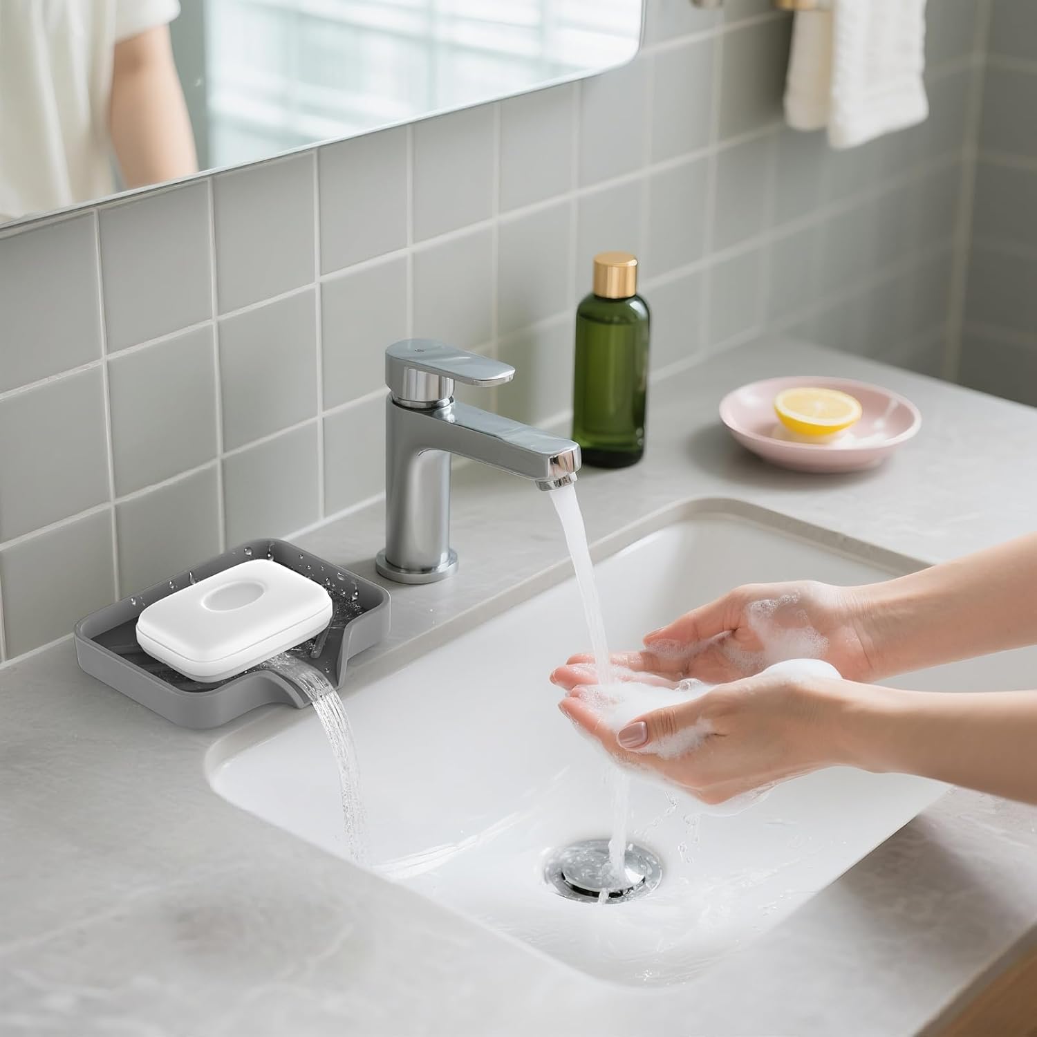 Silicone Soap Dish for Shower with Self Draining, 2 Pack Soap Holder for Bathroom, Silicone Sponge Holder for Kitchen Sink, Soap Tray for Dispenser, Scrubber, Bottle, 4.7
