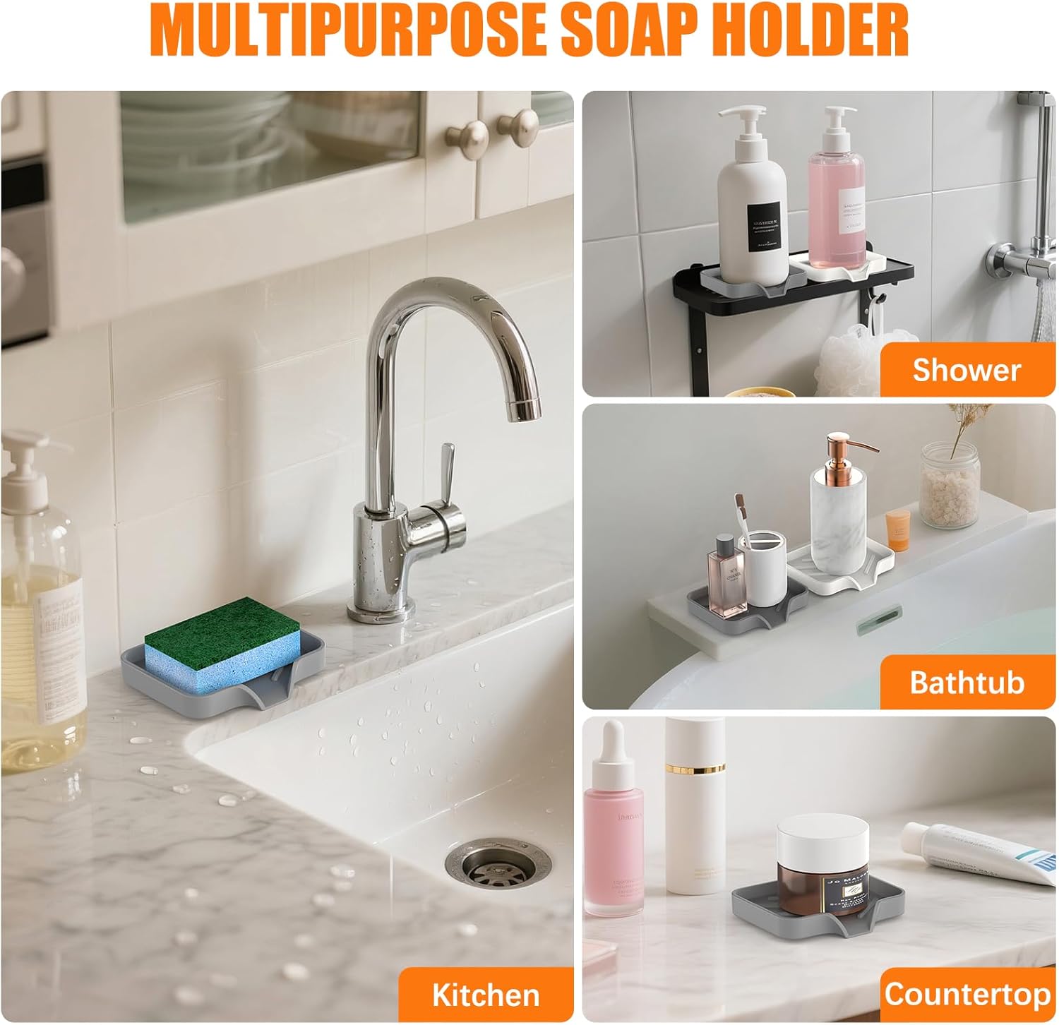 Silicone Soap Dish for Shower with Self Draining, 2 Pack Soap Holder for Bathroom, Silicone Sponge Holder for Kitchen Sink, Soap Tray for Dispenser, Scrubber, Bottle, 4.7