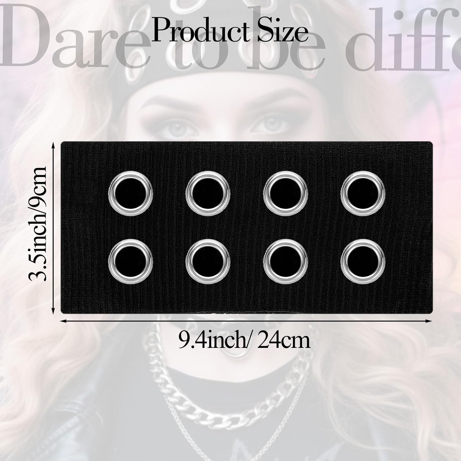 Grommet Headband, Black Women Hollow Out Eyelets Elastic Headband with Holes, Y2K Punk Goth Grunge Accessories Fashion Wide Headbands Stretchy Casual Hair Bands for Girls Women (9.4×3.5 Inch) - Image 1