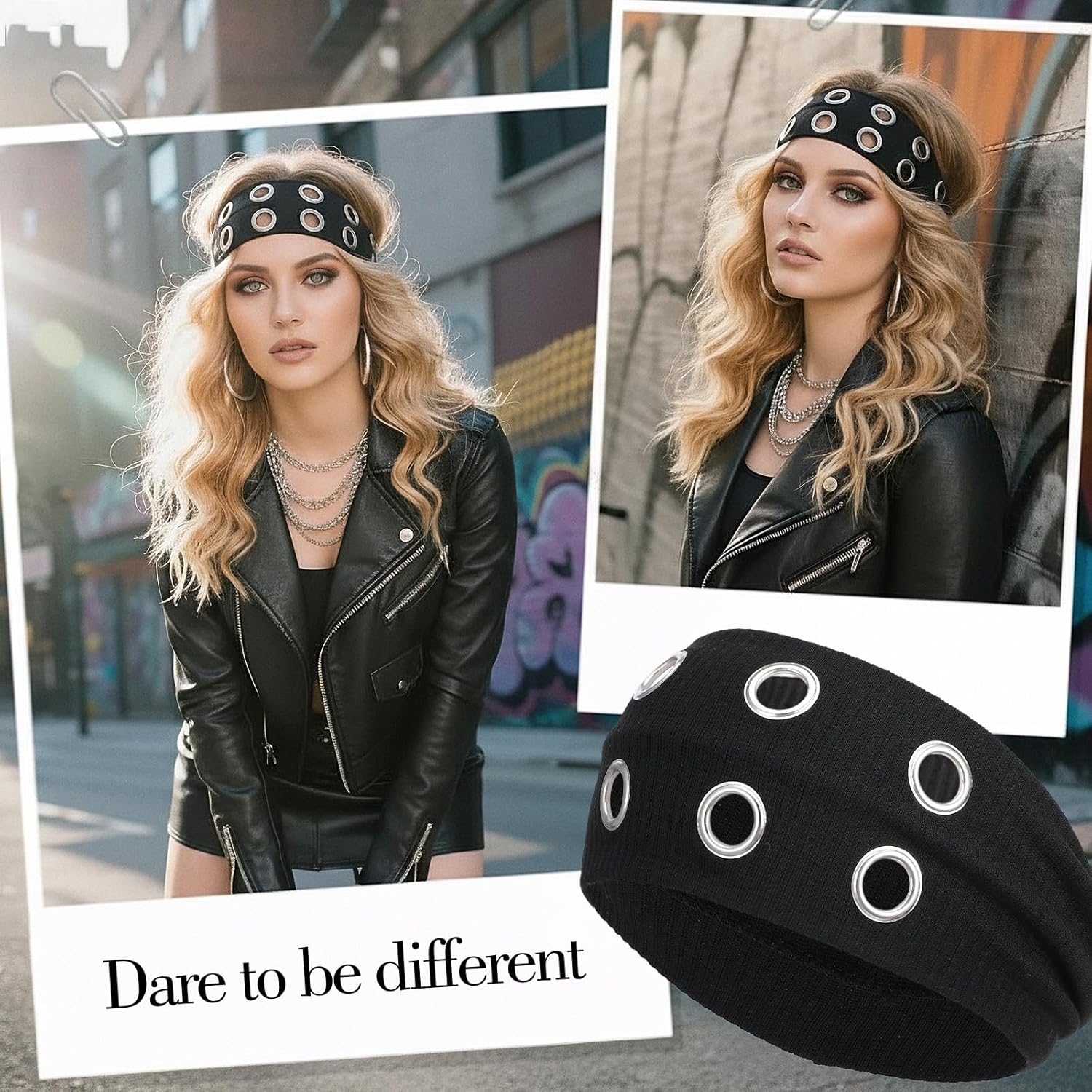 Grommet Headband, Black Women Hollow Out Eyelets Elastic Headband with Holes, Y2K Punk Goth Grunge Accessories Fashion Wide Headbands Stretchy Casual Hair Bands for Girls Women (9.4×3.5 Inch) - Image 2