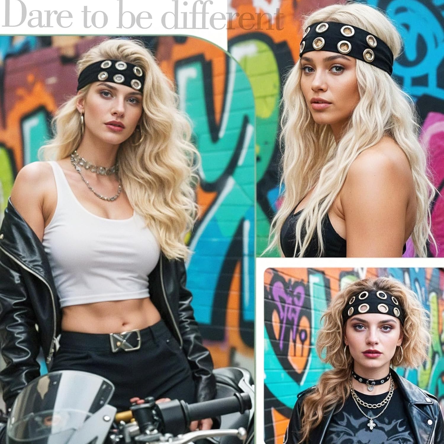 Grommet Headband, Black Women Hollow Out Eyelets Elastic Headband with Holes, Y2K Punk Goth Grunge Accessories Fashion Wide Headbands Stretchy Casual Hair Bands for Girls Women (9.4×3.5 Inch) - Image 3