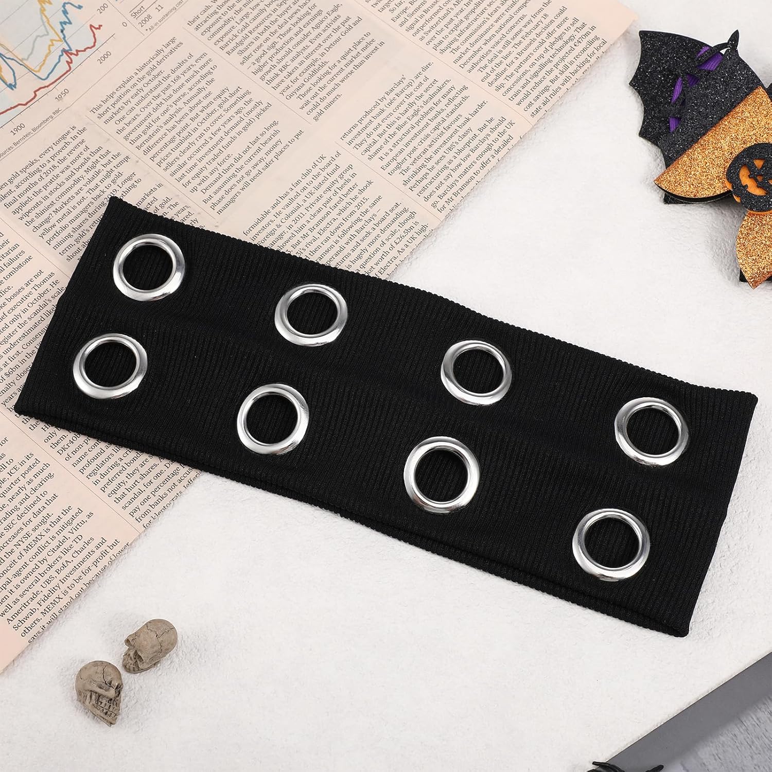Grommet Headband, Black Women Hollow Out Eyelets Elastic Headband with Holes, Y2K Punk Goth Grunge Accessories Fashion Wide Headbands Stretchy Casual Hair Bands for Girls Women (9.4×3.5 Inch) - Image 4