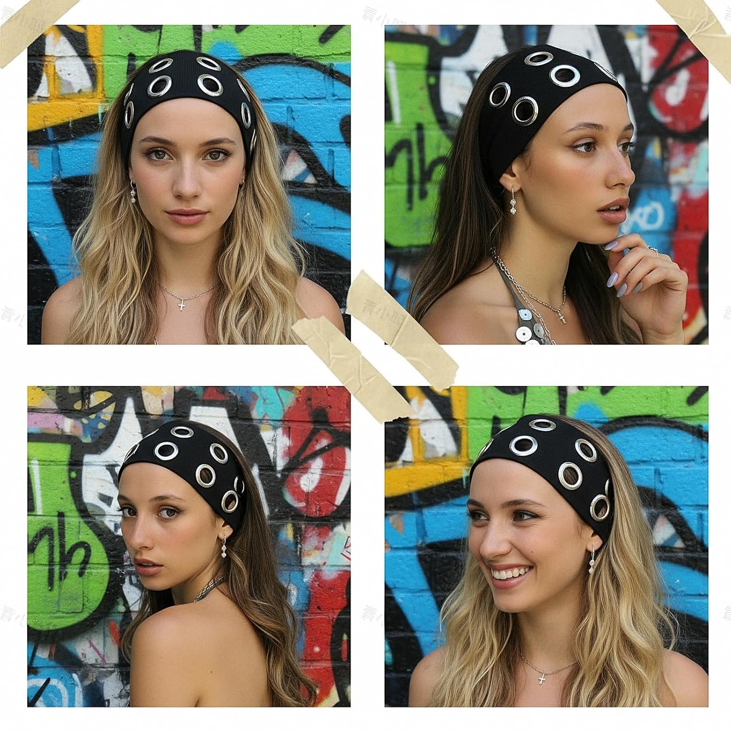 Grommet Headband, Black Women Hollow Out Eyelets Elastic Headband with Holes, Y2K Punk Goth Grunge Accessories Fashion Wide Headbands Stretchy Casual Hair Bands for Girls Women (9.4×3.5 Inch) - Image 5