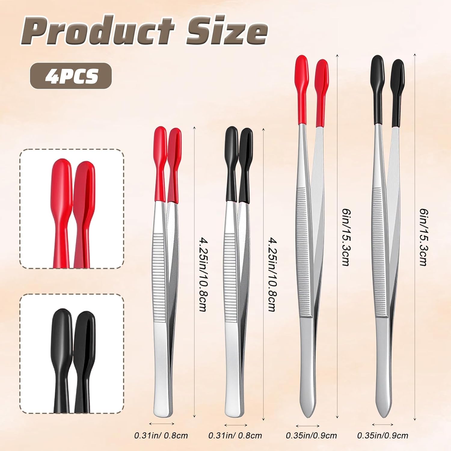 4 Pieces Rubber Tipped Tweezers, Forceps Silicone Coated Flat Tip Long Bent Precision Tweezers, Hobby Craft Tweezer Tools for Crafting Stamps Coins Jewelry Industrial Electronic Lab (Black & Red) - Image 1