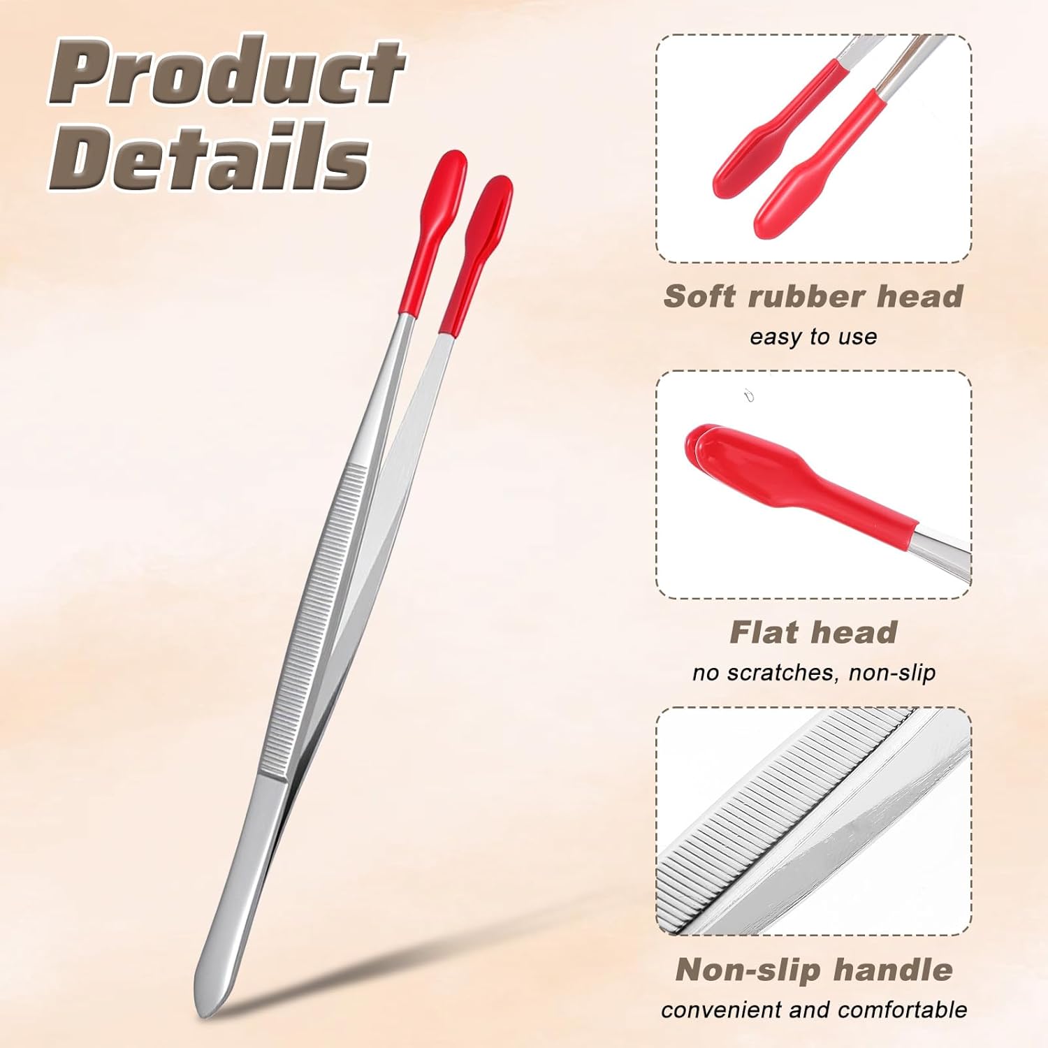 4 Pieces Rubber Tipped Tweezers, Forceps Silicone Coated Flat Tip Long Bent Precision Tweezers, Hobby Craft Tweezer Tools for Crafting Stamps Coins Jewelry Industrial Electronic Lab (Black & Red) - Image 2