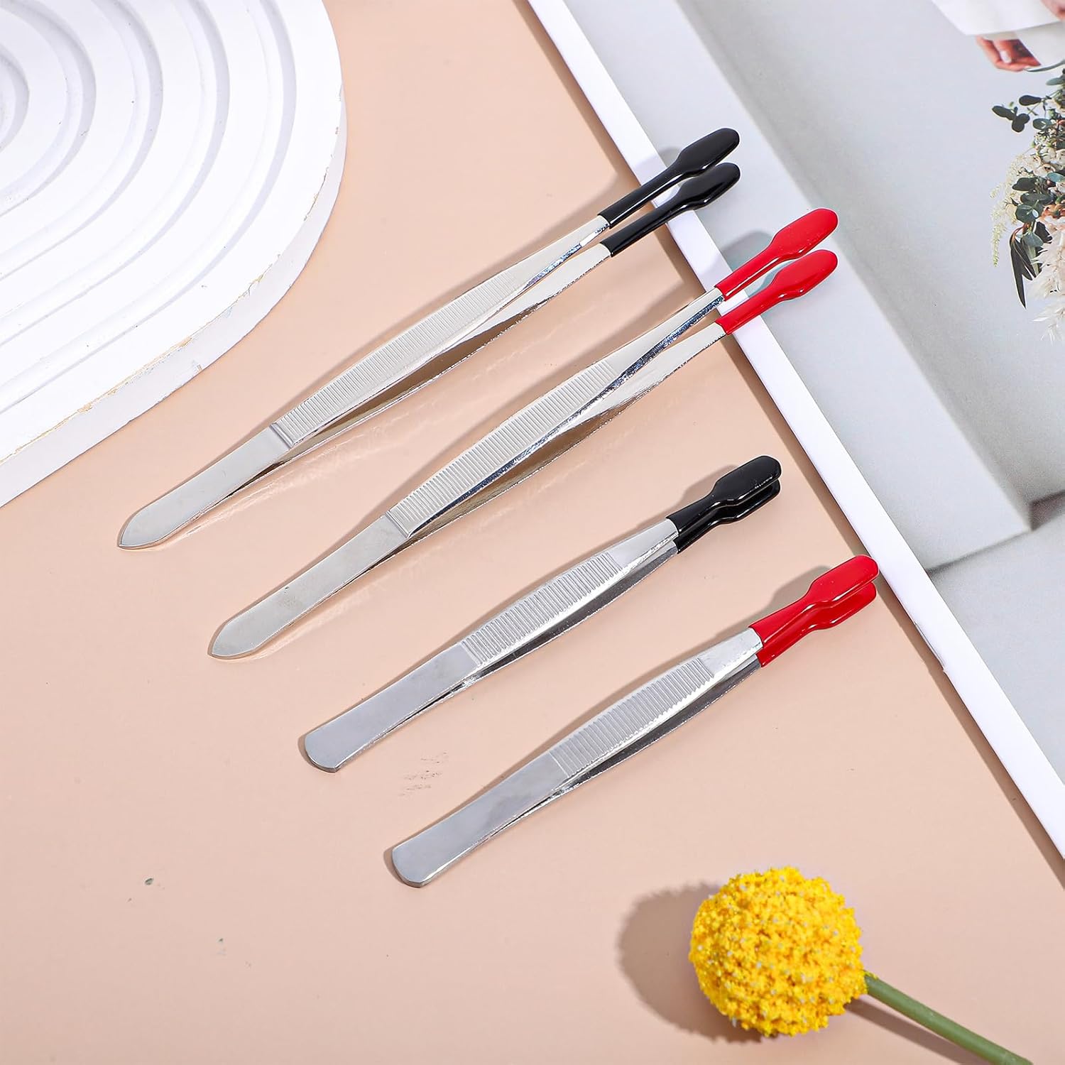 4 Pieces Rubber Tipped Tweezers, Forceps Silicone Coated Flat Tip Long Bent Precision Tweezers, Hobby Craft Tweezer Tools for Crafting Stamps Coins Jewelry Industrial Electronic Lab (Black & Red) - Image 6
