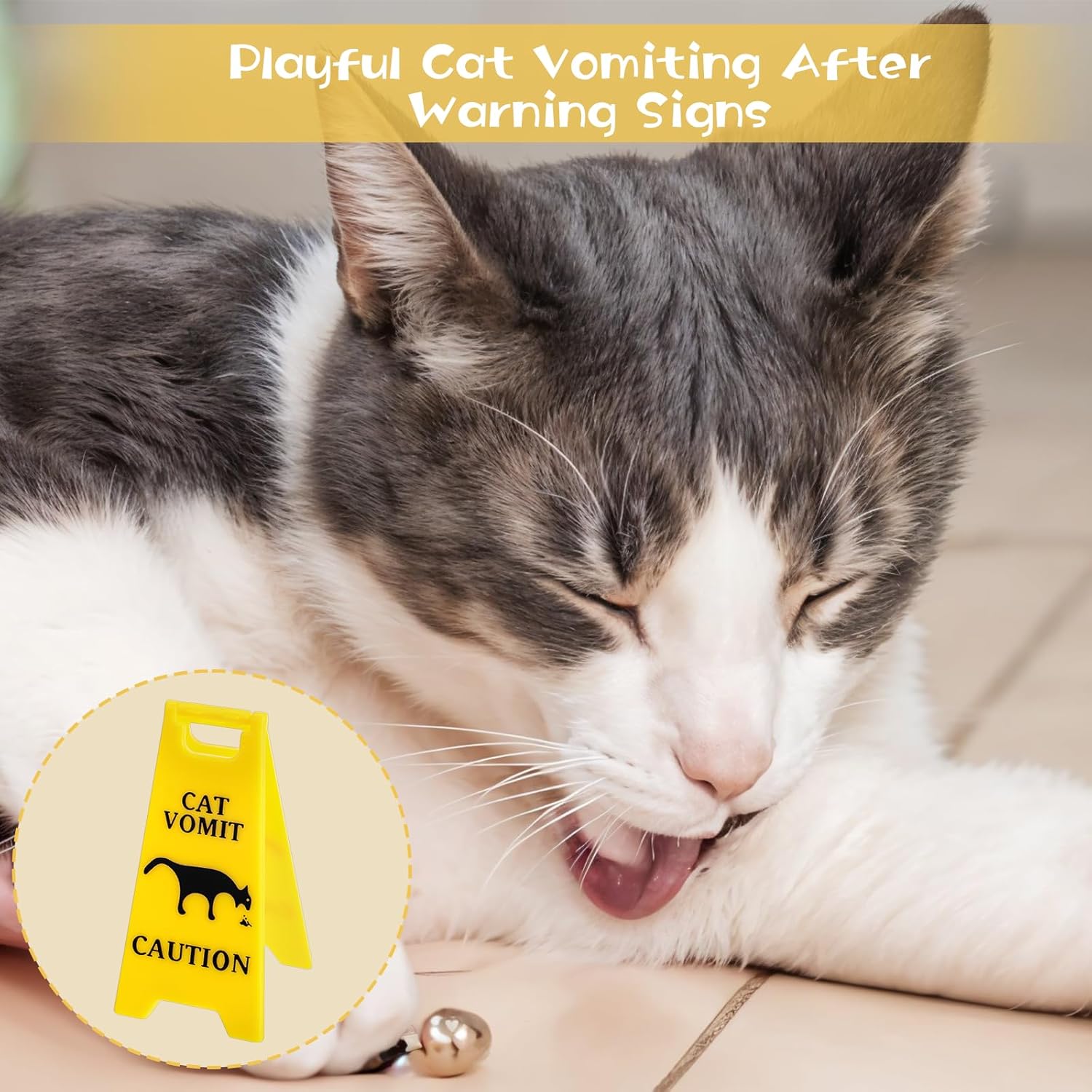 Xindojuz 3 PCS Cat Vomit Caution Sign, 3D Double-sided Printed Funny Cats Warning Signs Decor, Mini Novelty Table Desk Plaque, Perfect Gag Gifts for Cat Lovers and Humor Enthusiasts (4 Inch, Yellow) - Image 3