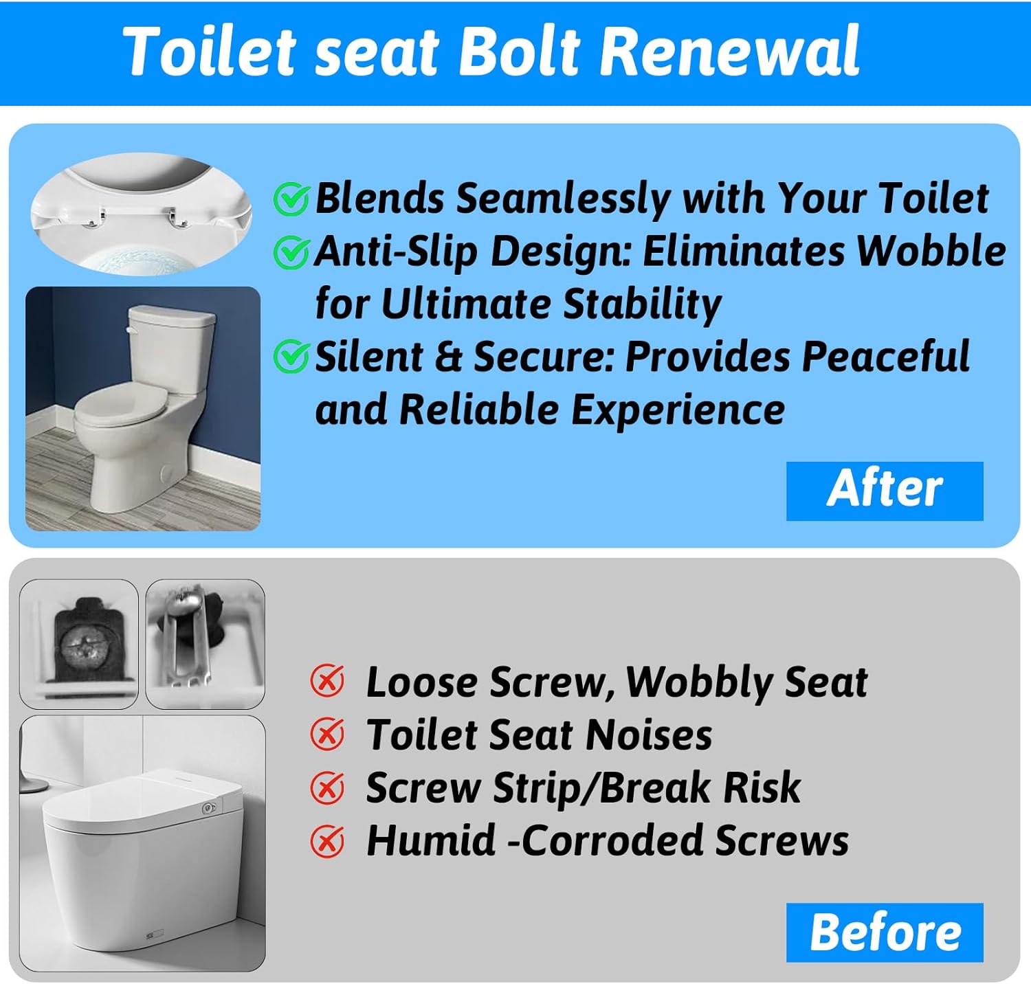 4 Set Stainless Steel Toilet Seat Bolts, 10mm Toilet Seat Screws Replacement Kit with Expanding Rubber Nuts Universal Toilets Seats Hardware for Most Top Mount Toilets Seats Tightening Kit Replacement - Image 2