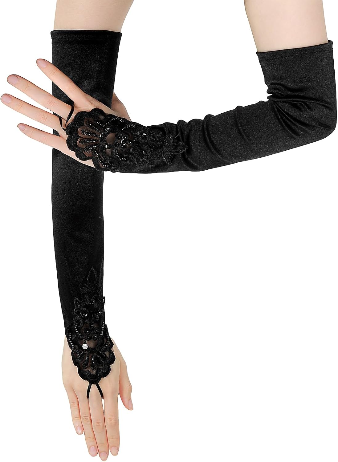 Satin Opera Gloves - Elbow Length, Black, Stretchy Fingerless, Perfect for 1920s Party & Wedding - Image 2