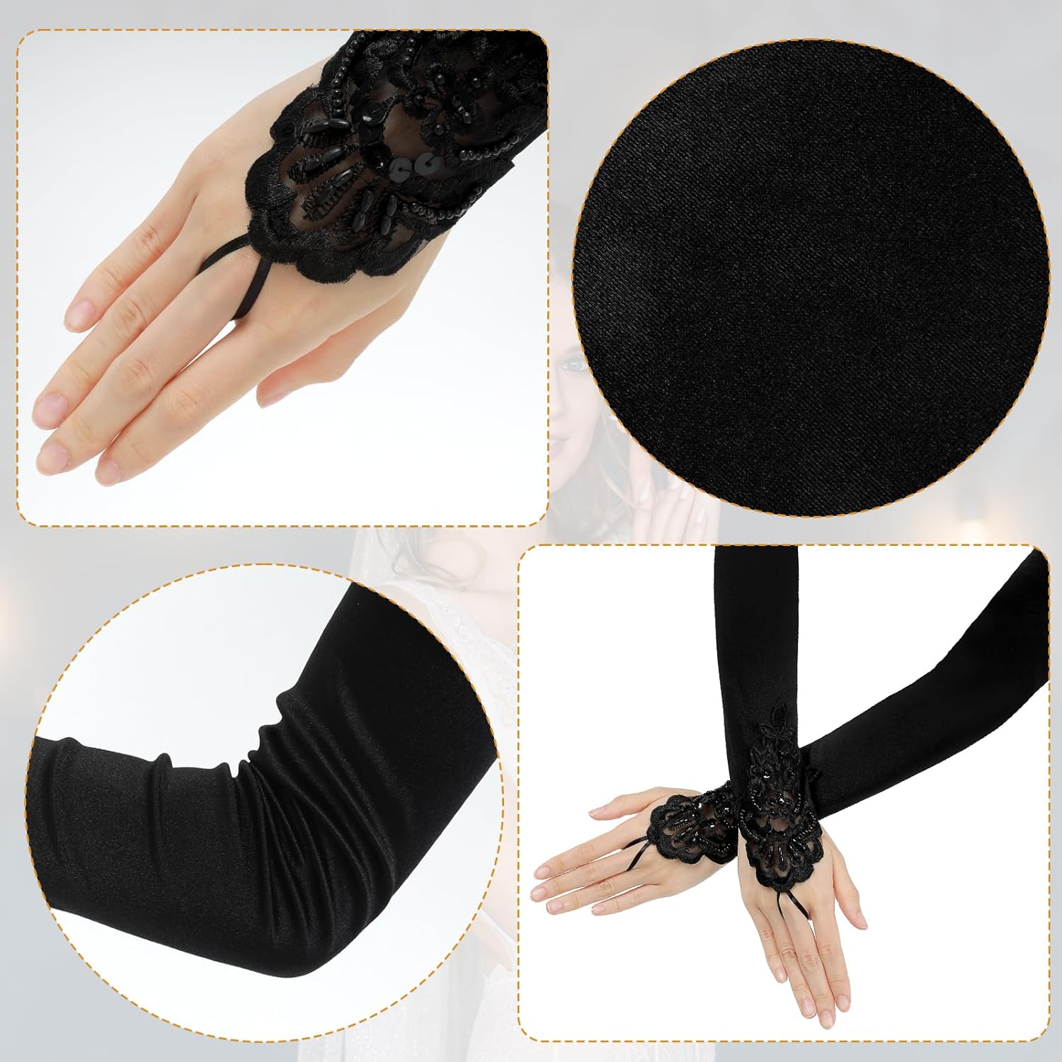 Satin Opera Gloves - Elbow Length, Black, Stretchy Fingerless, Perfect for 1920s Party & Wedding - Image 3