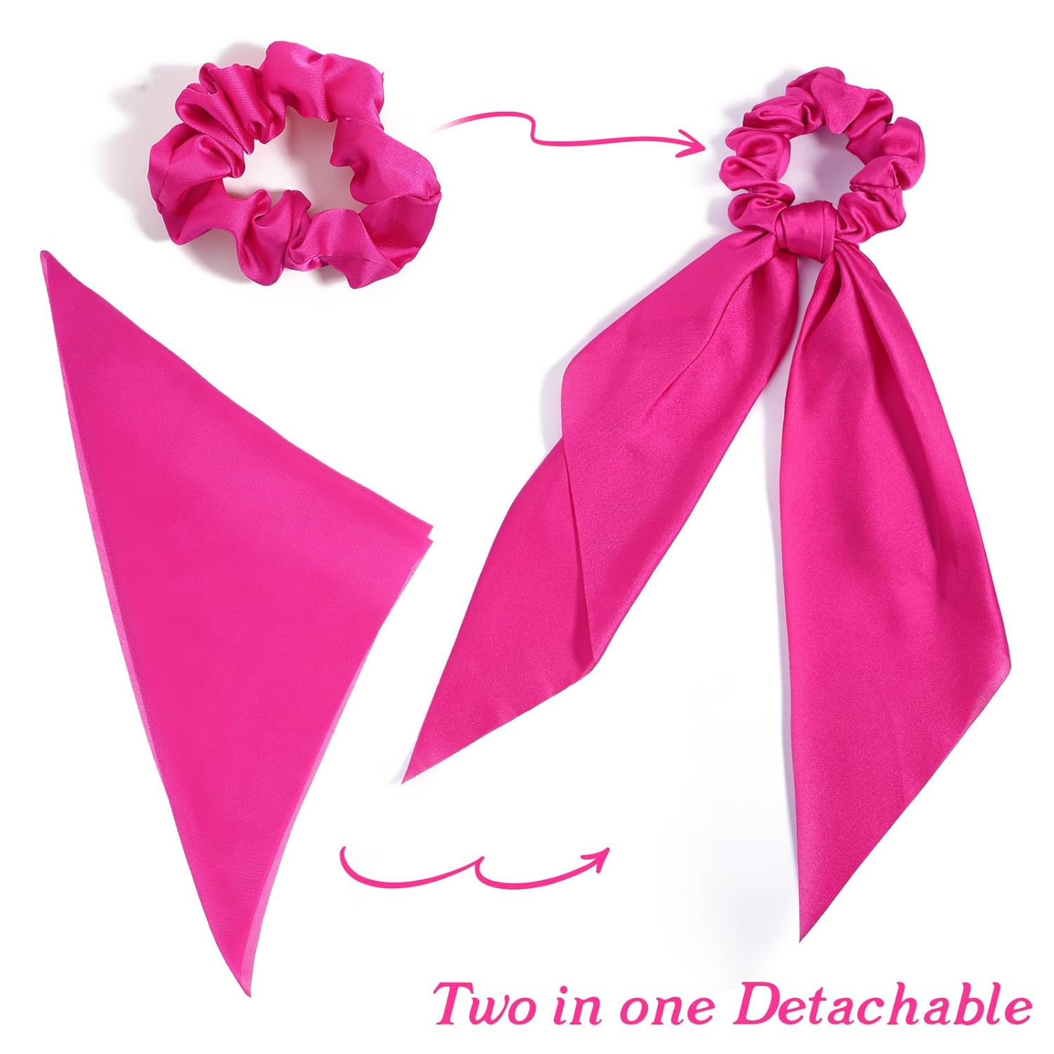 Knotted Bow Scrunchies 2 PCS Silk Scarf Scrunchies Ponytail Holders Hairs Ribbons Ponytail Scarf Knotted Bow Silk Hairs Ties Satin Hair Ribbon Scrunchy for Women Thick Thin Long Hair (Pink) - Image 2
