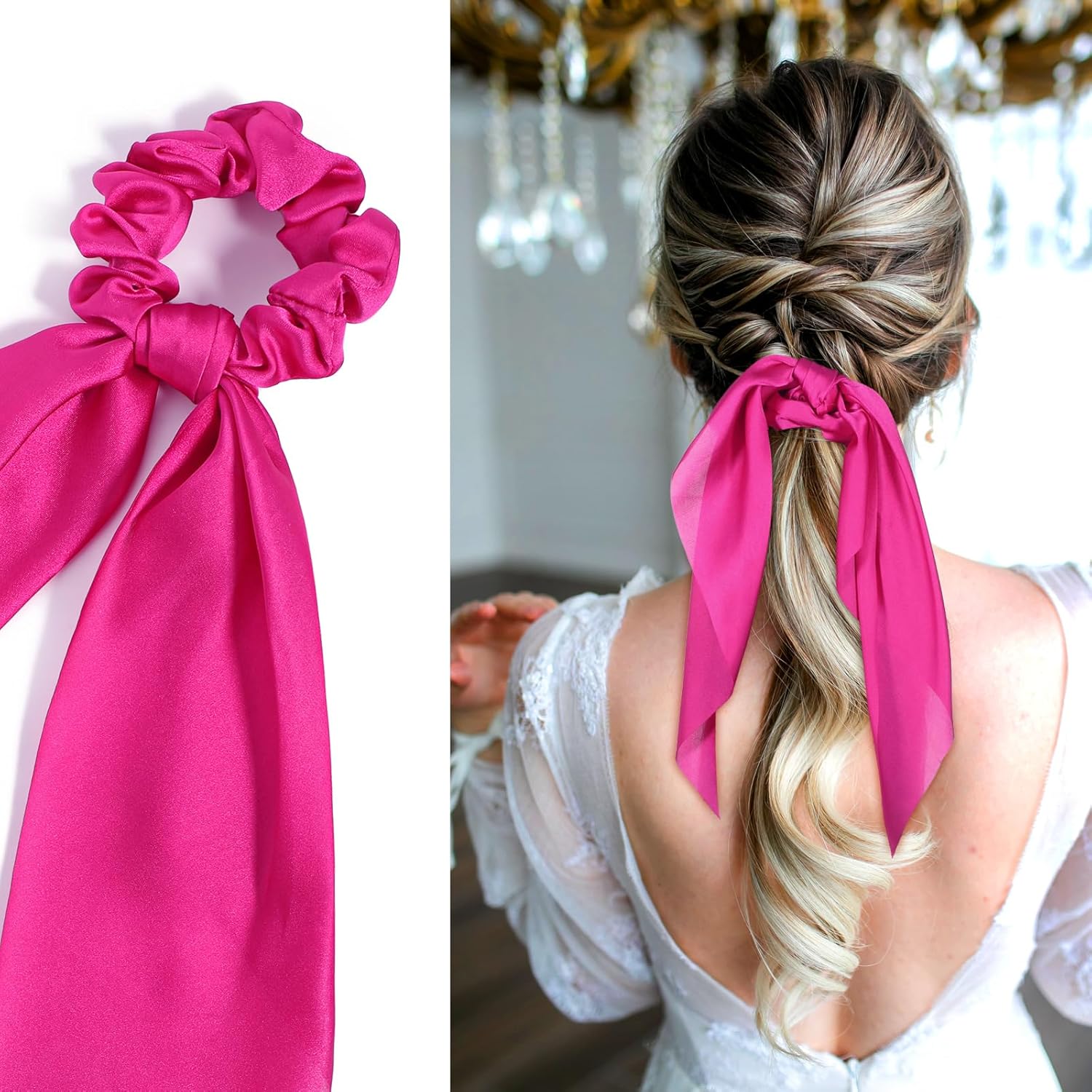 Knotted Bow Scrunchies 2 PCS Silk Scarf Scrunchies Ponytail Holders Hairs Ribbons Ponytail Scarf Knotted Bow Silk Hairs Ties Satin Hair Ribbon Scrunchy for Women Thick Thin Long Hair (Pink) - Image 3