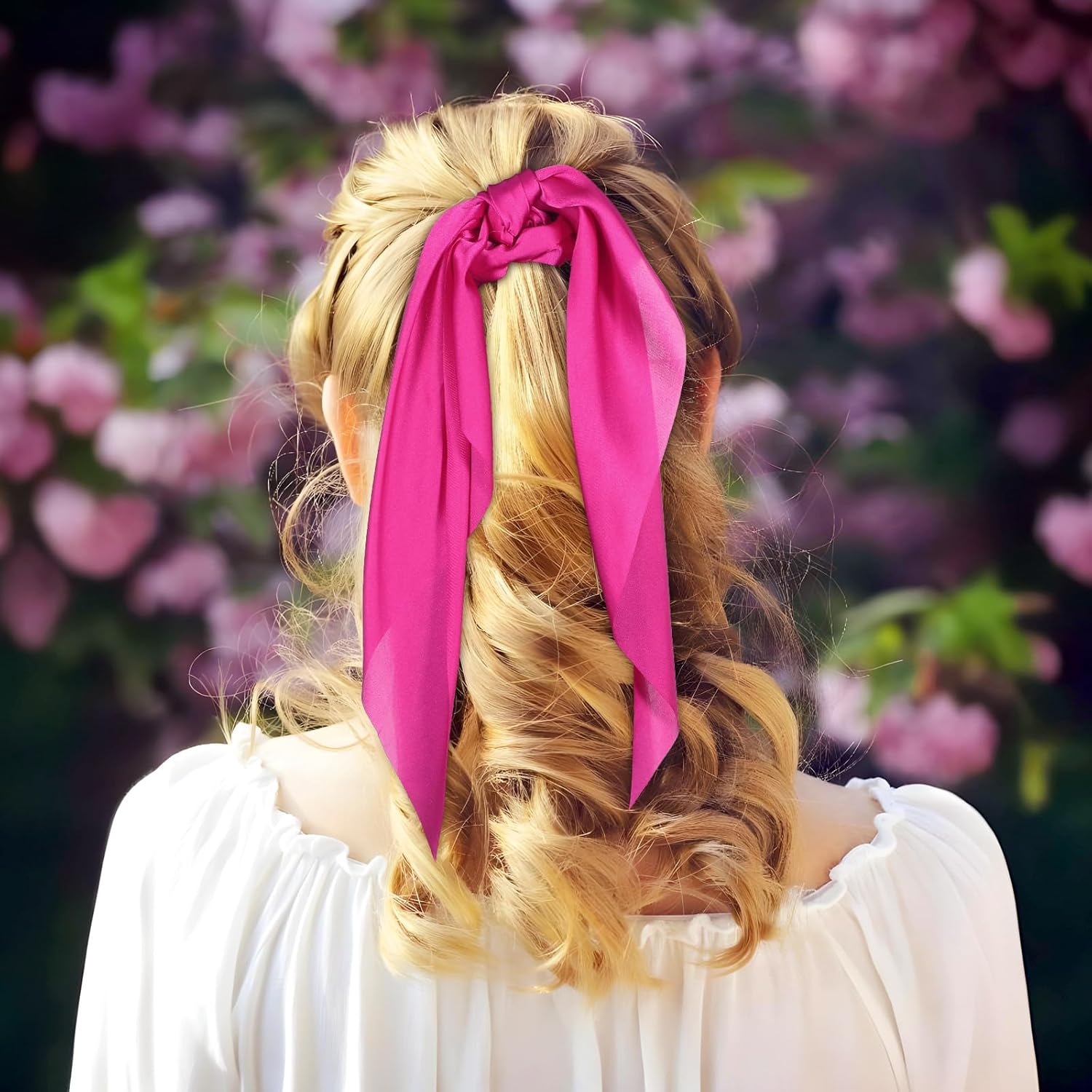 Knotted Bow Scrunchies 2 PCS Silk Scarf Scrunchies Ponytail Holders Hairs Ribbons Ponytail Scarf Knotted Bow Silk Hairs Ties Satin Hair Ribbon Scrunchy for Women Thick Thin Long Hair (Pink) - Image 4