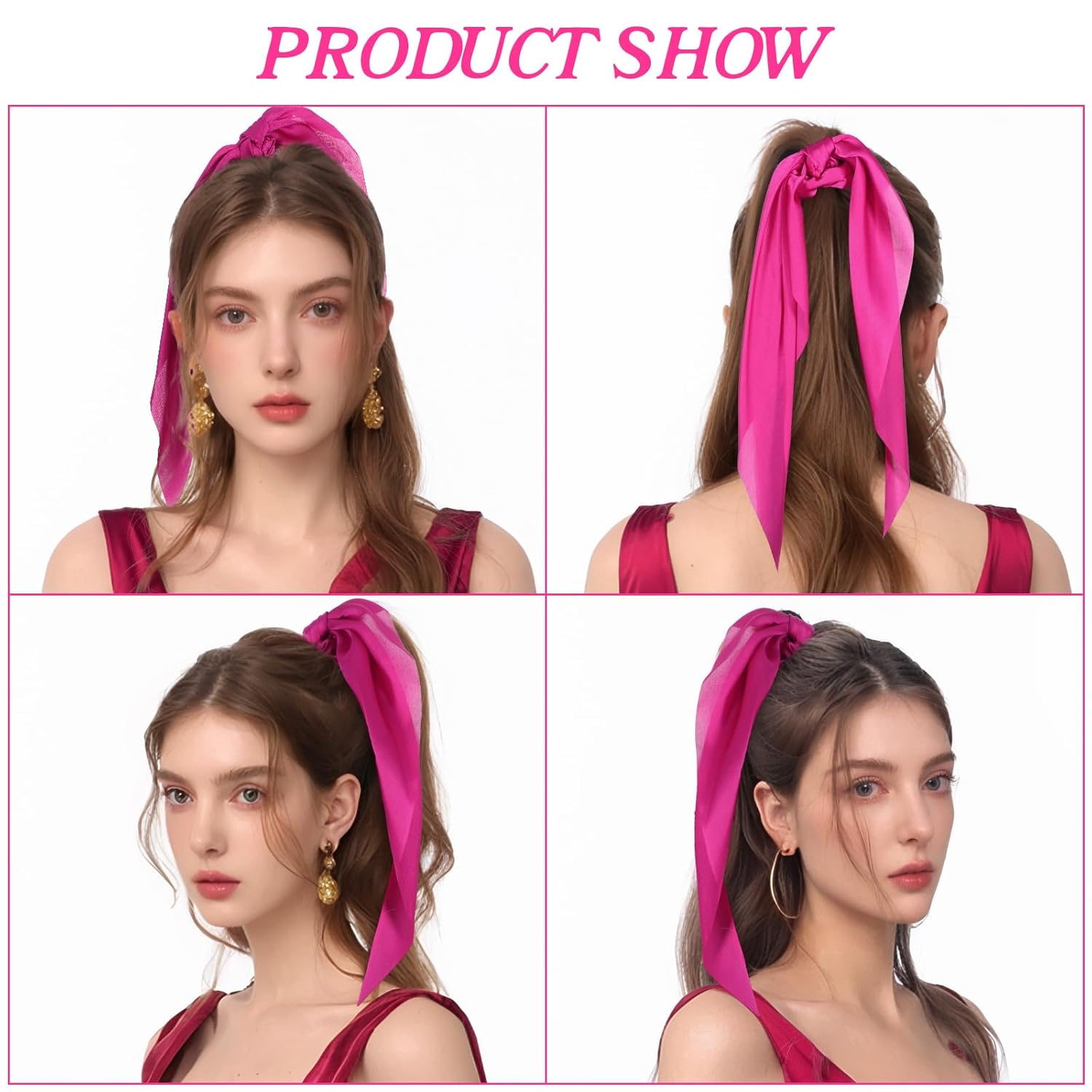 Knotted Bow Scrunchies 2 PCS Silk Scarf Scrunchies Ponytail Holders Hairs Ribbons Ponytail Scarf Knotted Bow Silk Hairs Ties Satin Hair Ribbon Scrunchy for Women Thick Thin Long Hair (Pink) - Image 5