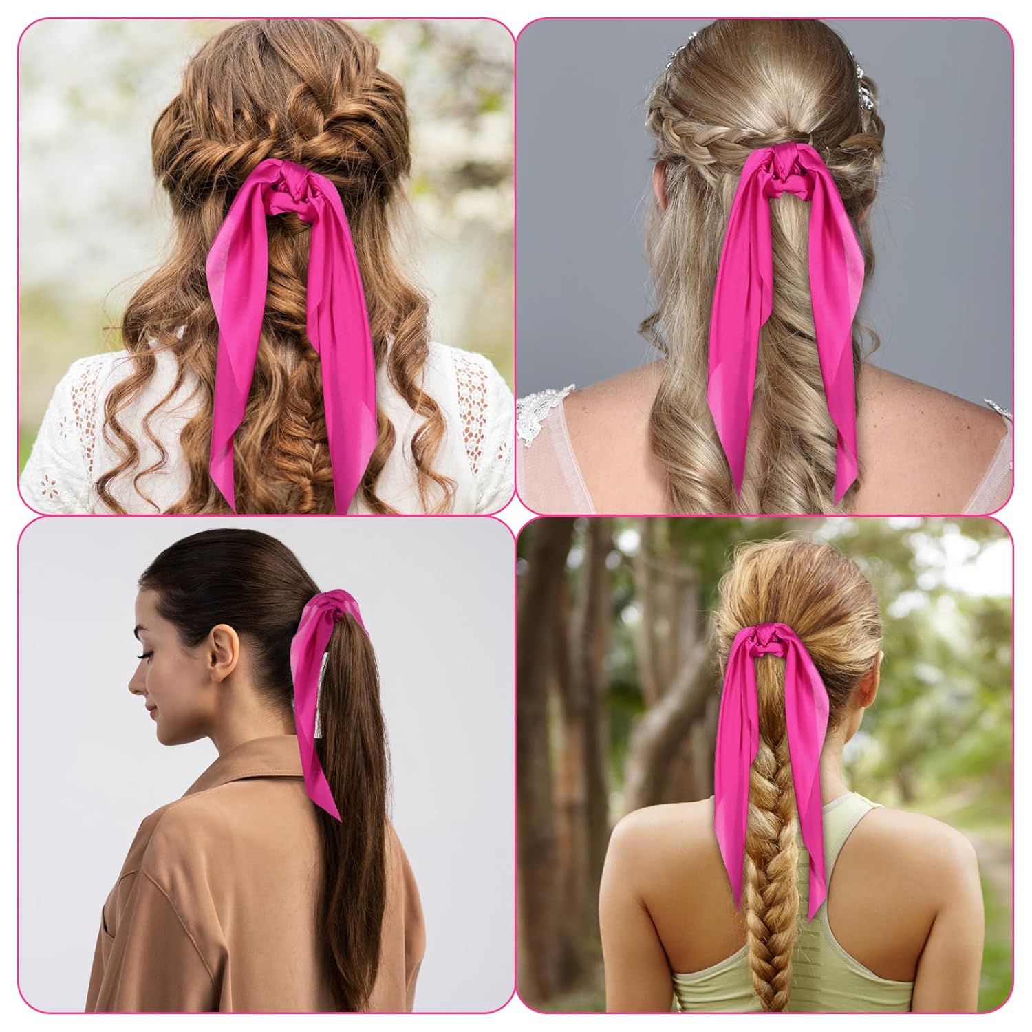 Knotted Bow Scrunchies 2 PCS Silk Scarf Scrunchies Ponytail Holders Hairs Ribbons Ponytail Scarf Knotted Bow Silk Hairs Ties Satin Hair Ribbon Scrunchy for Women Thick Thin Long Hair (Pink) - Image 6