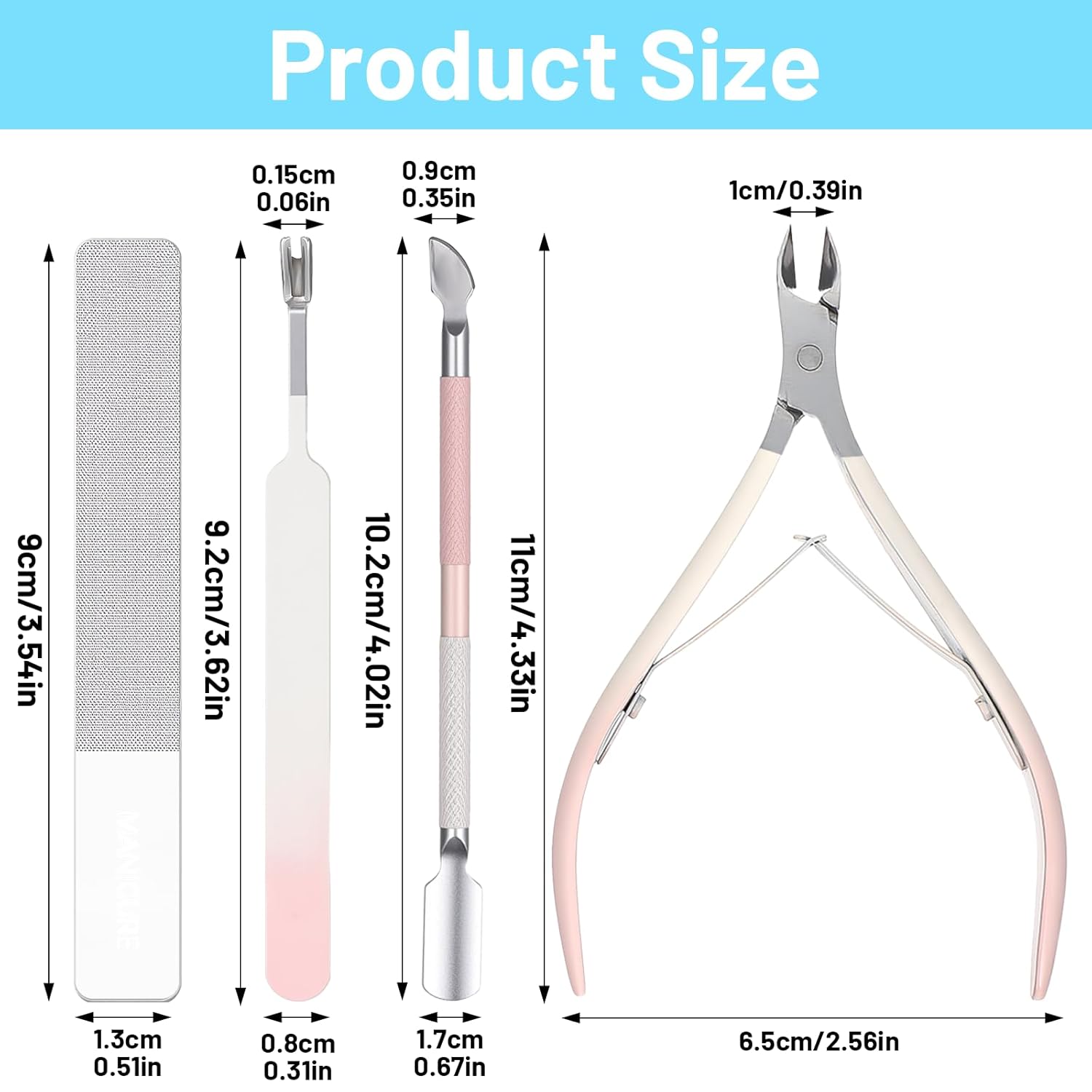4 Pcs Cuticle Clipper with Single Dual Ended Pusher and Nail File, Stainless Steel Nail Cuticle Trimmer Cutter Extremely Sharp Full Jaw Cuticles Nipper for Women Professional Salon and Home Use - Image 1