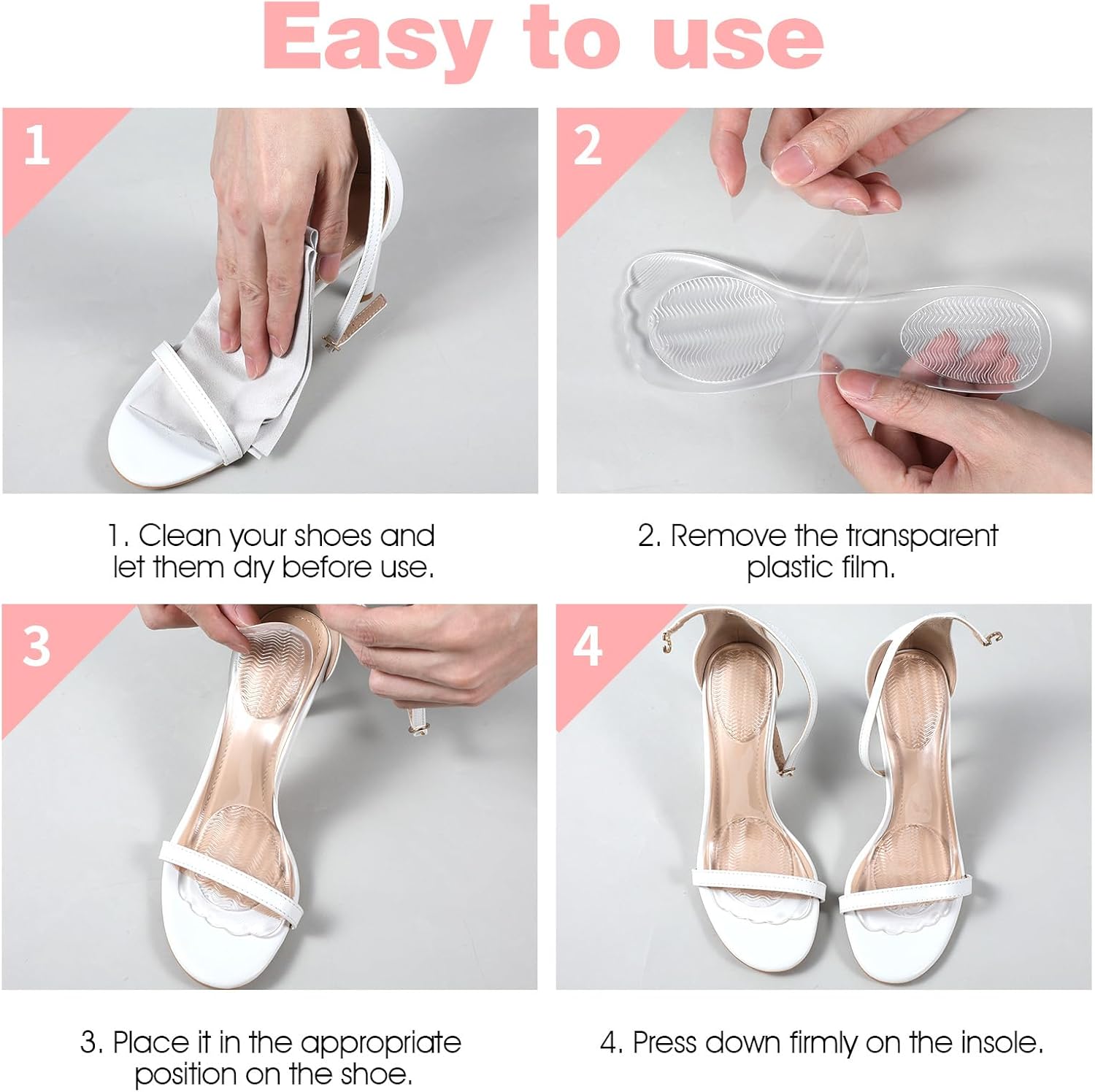 2 Pair Gel High Heel Inserts for Women, 3/4 Length Clear Shoe Inserts for Women, Comfort Pads Non-Skidding Adhesive Shoe Support Cushion Insoles for High Heels for Sandals Flats Boots Pumps - Image 6