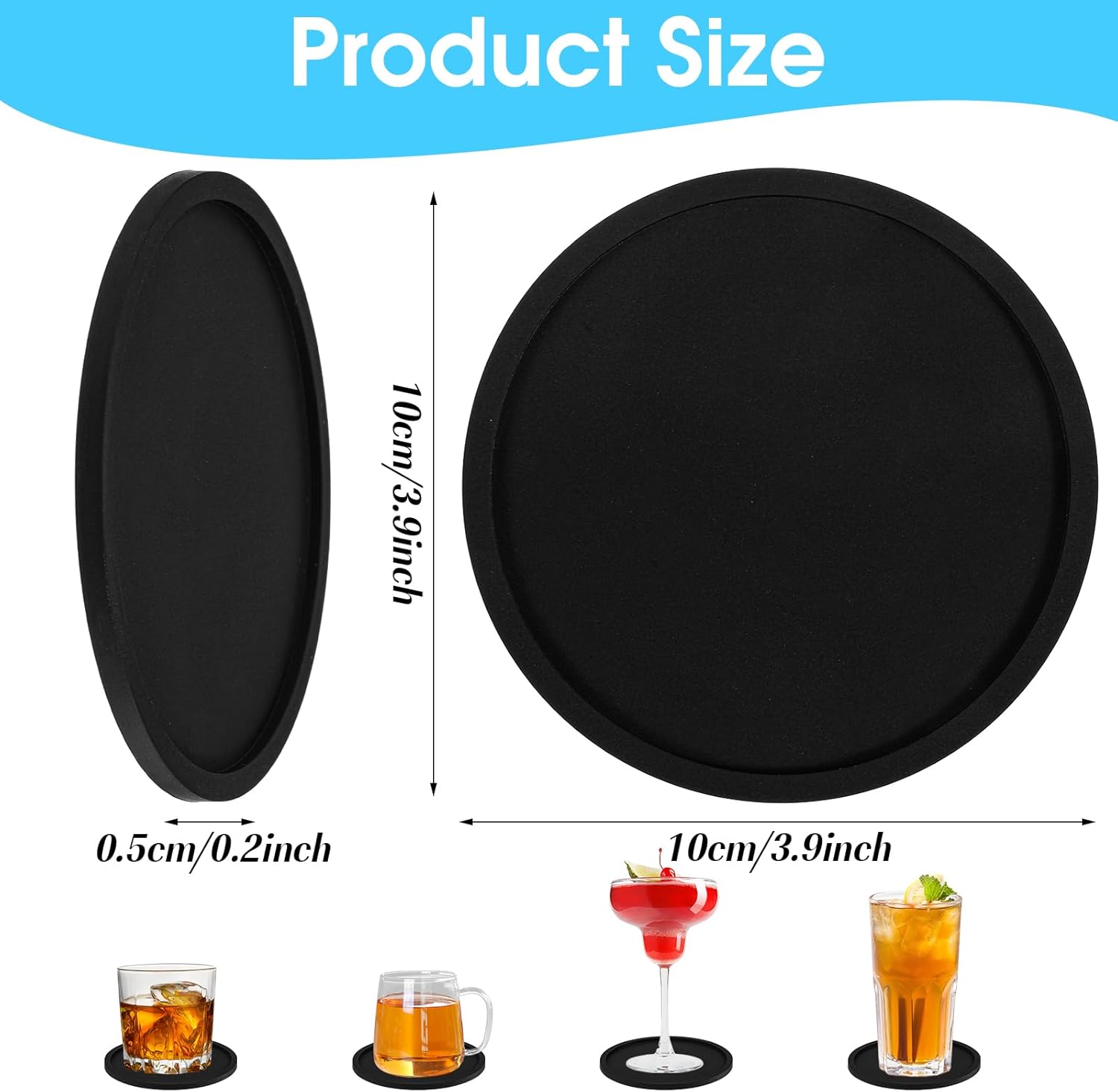 Xindojuz Drink Coasters Set of 4, 3.94 Inch Black Silicone Coasters for Drinks Washable Heat Resistant Durable Non-Slip Round Cup Mats for Coffee Table Wooden Desk Kitchen Bar, Black - Image 1