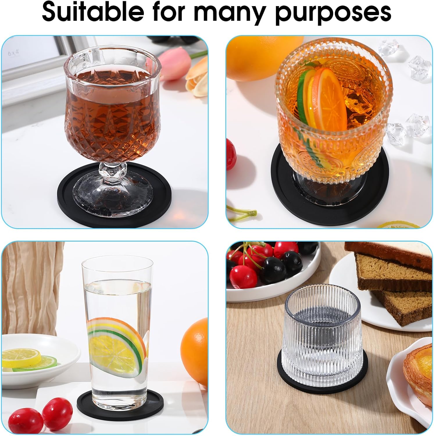 Xindojuz Drink Coasters Set of 4, 3.94 Inch Black Silicone Coasters for Drinks Washable Heat Resistant Durable Non-Slip Round Cup Mats for Coffee Table Wooden Desk Kitchen Bar, Black - Image 6