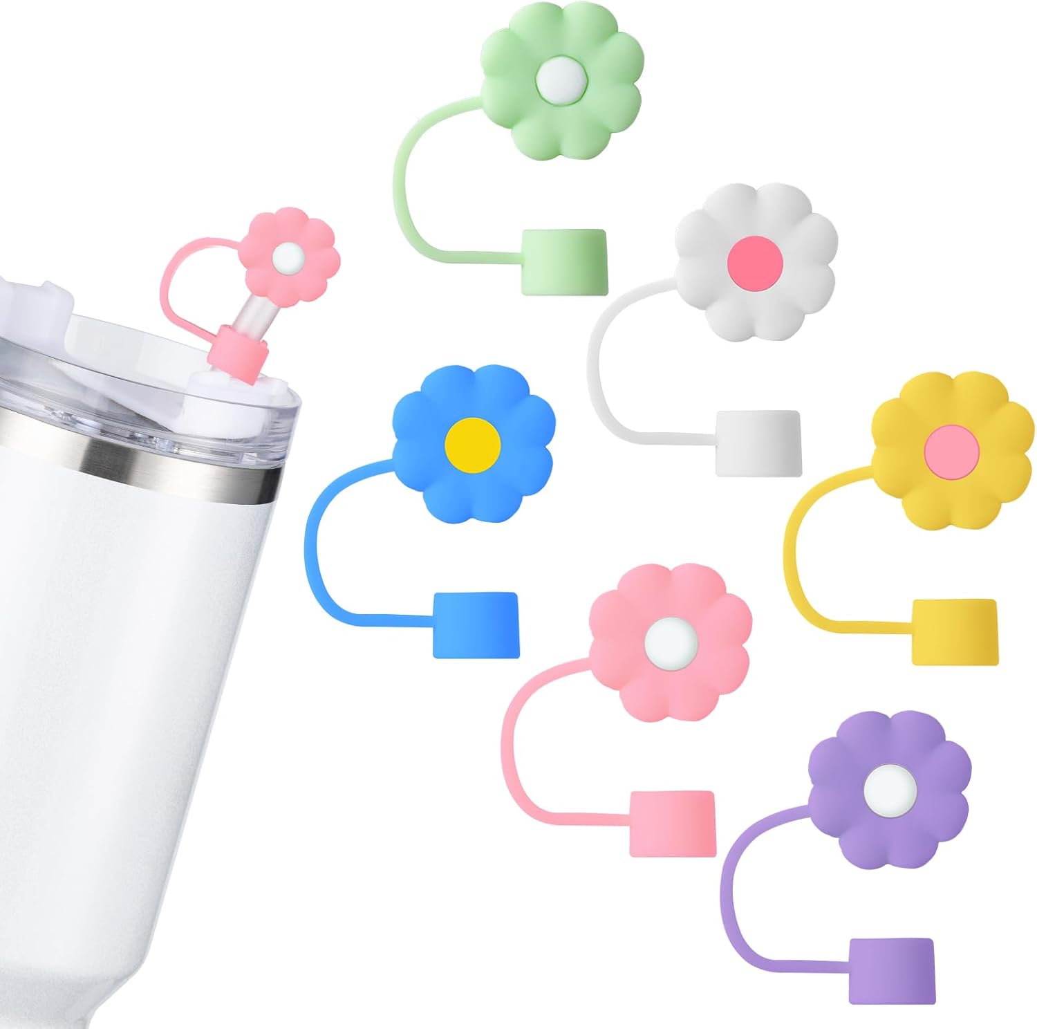 6Pcs Straw Covers Cap Toppers, 0.4in /10mm Straws Cap for 20&30&40oz Tumbler Drinking Cup with Handle, Reusable Cute Silicone Tips Lids Protectors for Water Bottle Accessories, Flower Shape - Image 1