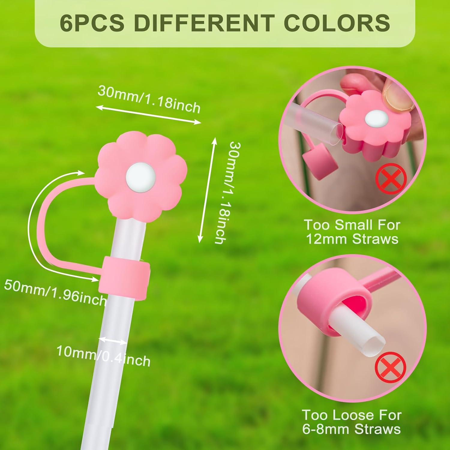 6Pcs Straw Covers Cap Toppers, 0.4in /10mm Straws Cap for 20&30&40oz Tumbler Drinking Cup with Handle, Reusable Cute Silicone Tips Lids Protectors for Water Bottle Accessories, Flower Shape - Image 2