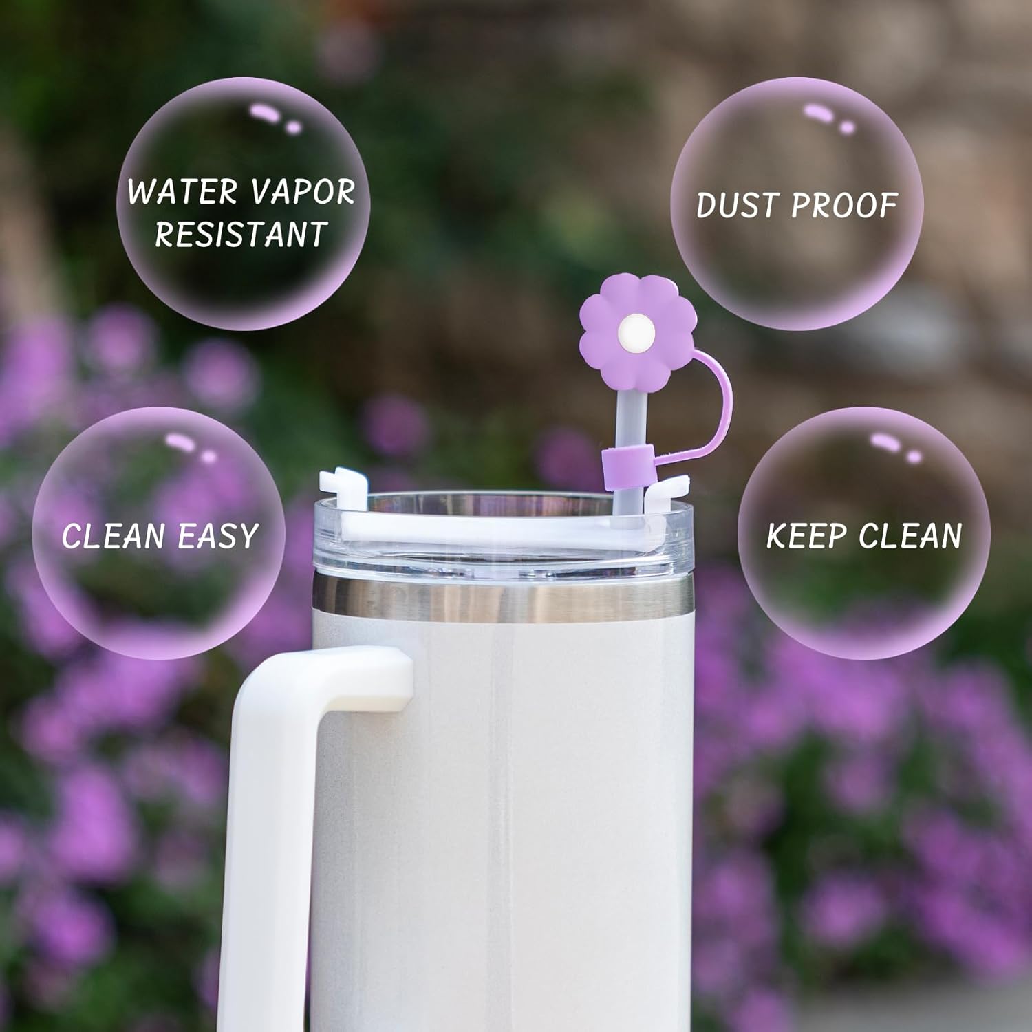 6Pcs Straw Covers Cap Toppers, 0.4in /10mm Straws Cap for 20&30&40oz Tumbler Drinking Cup with Handle, Reusable Cute Silicone Tips Lids Protectors for Water Bottle Accessories, Flower Shape - Image 3