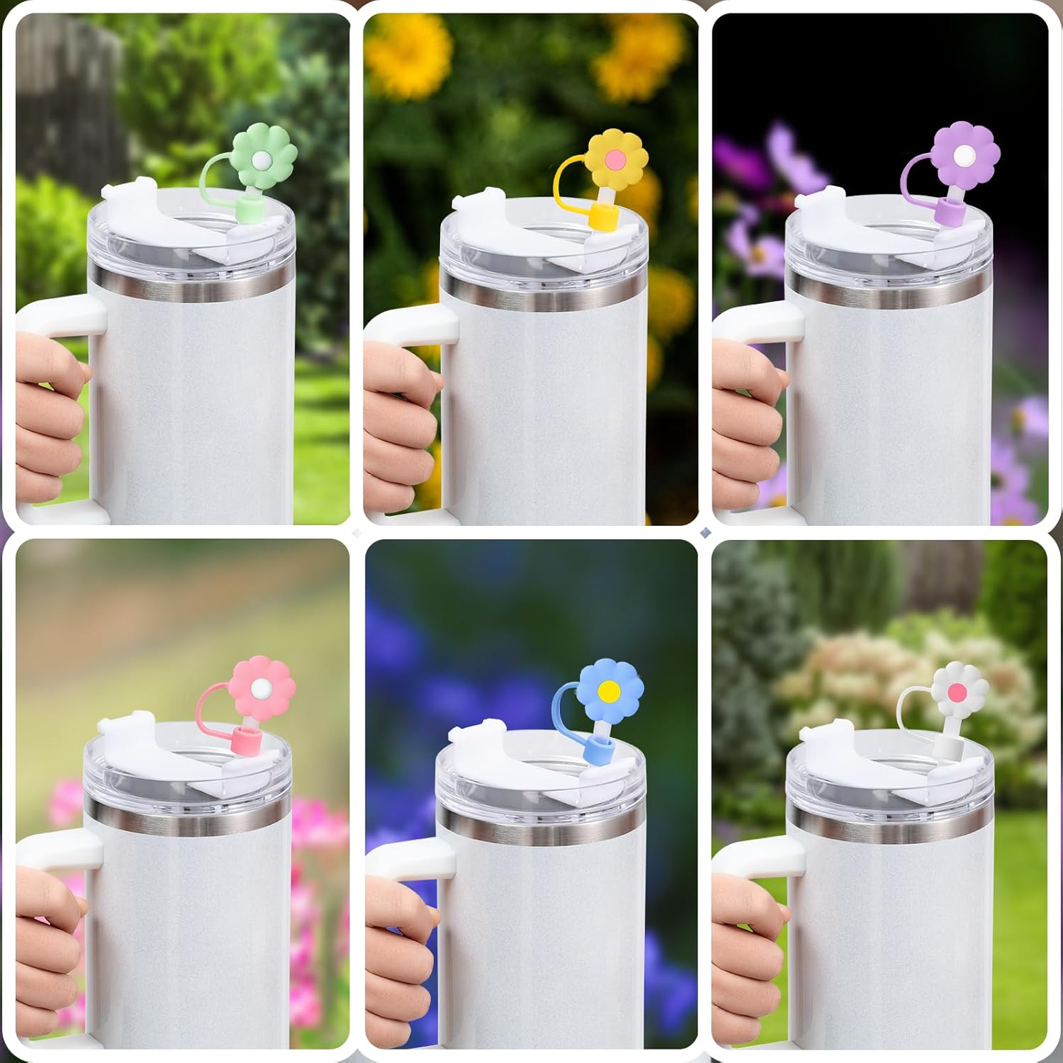 6Pcs Straw Covers Cap Toppers, 0.4in /10mm Straws Cap for 20&30&40oz Tumbler Drinking Cup with Handle, Reusable Cute Silicone Tips Lids Protectors for Water Bottle Accessories, Flower Shape - Image 4