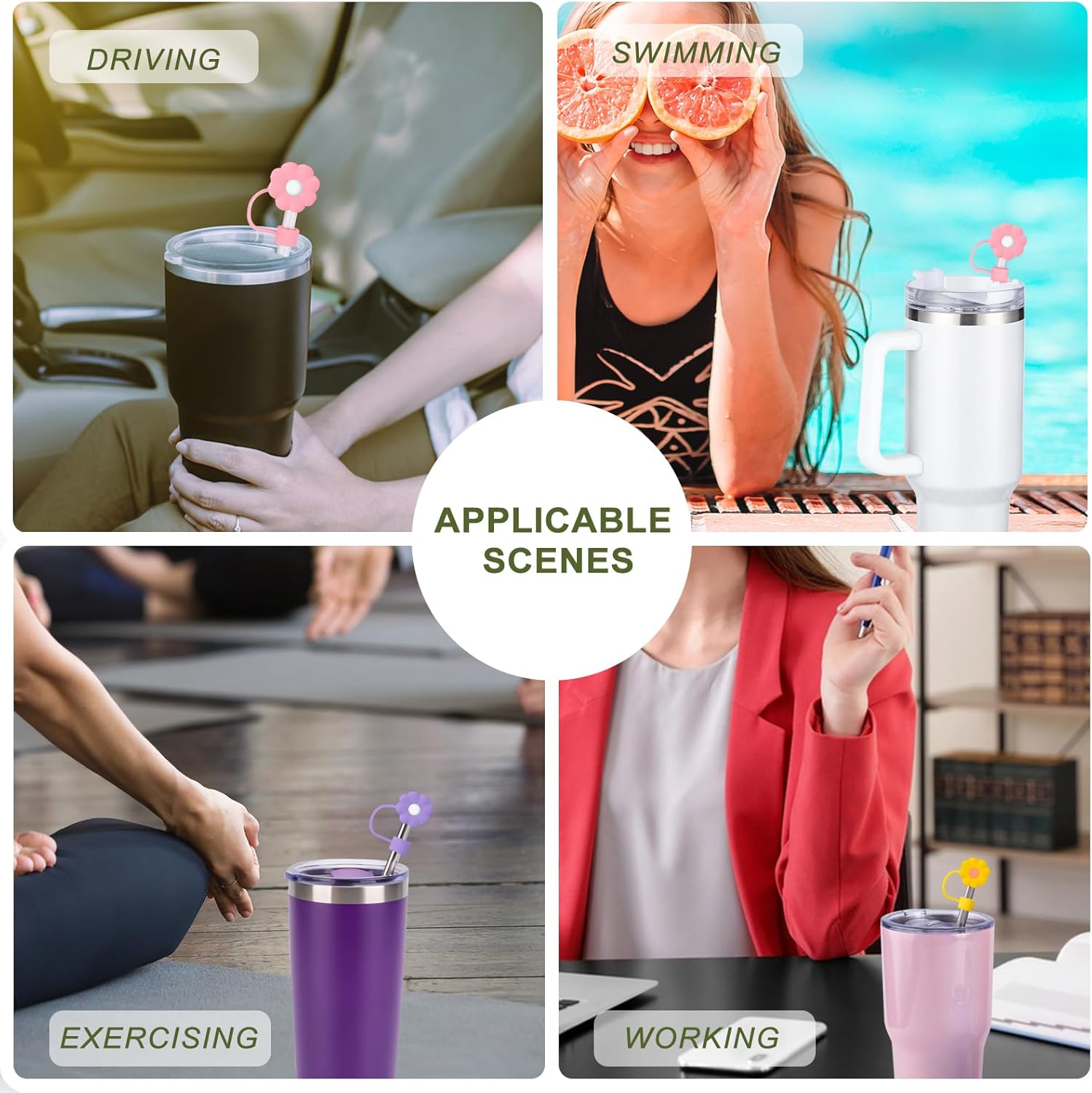 6Pcs Straw Covers Cap Toppers, 0.4in /10mm Straws Cap for 20&30&40oz Tumbler Drinking Cup with Handle, Reusable Cute Silicone Tips Lids Protectors for Water Bottle Accessories, Flower Shape - Image 5