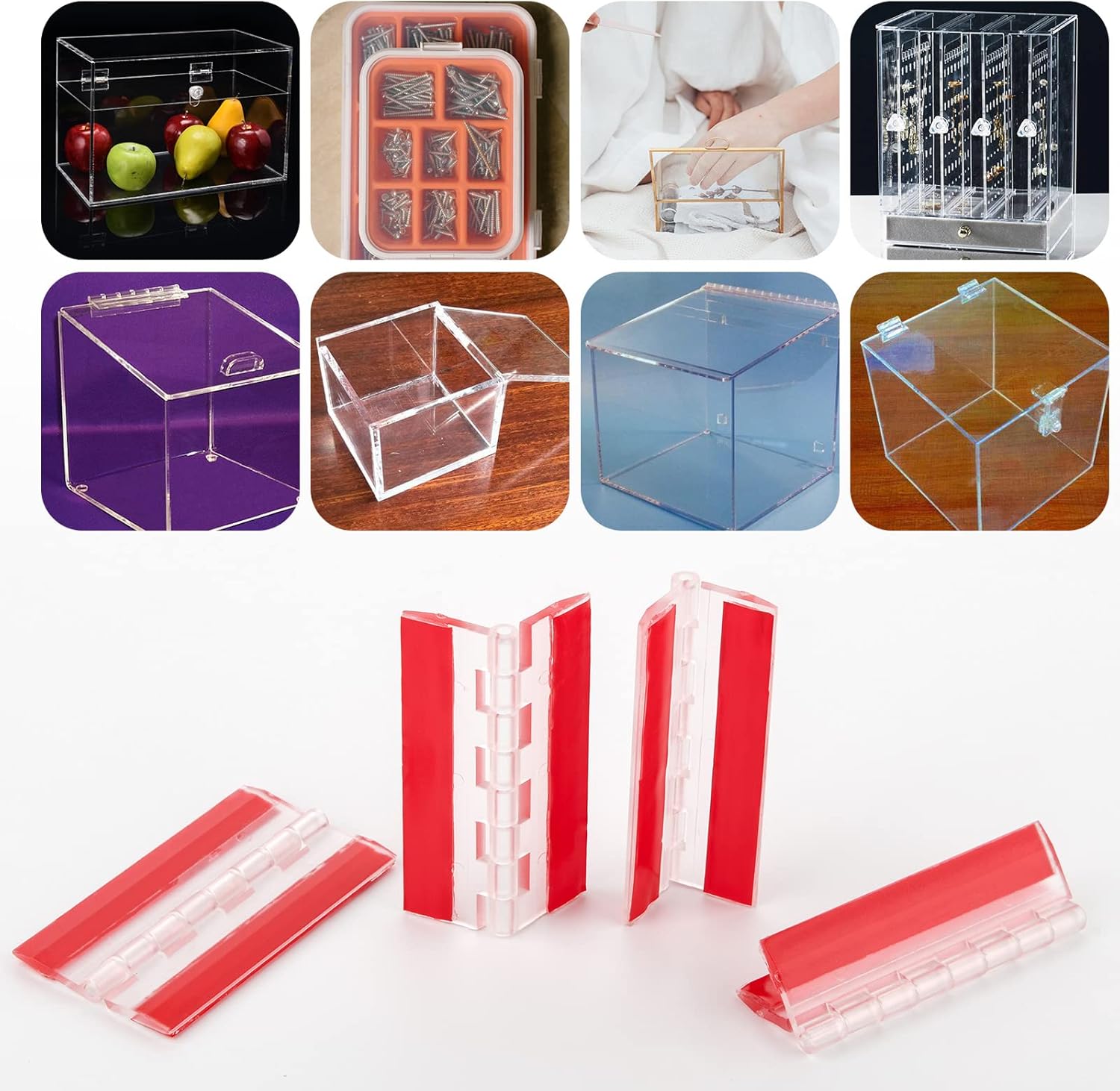 4 Pcs Acrylic Hinge 75x45 mm,Transparent Plastic Continuous Piano Hinge,Self-Adhesive,Suitable for DIY Drawer Cabinet Furniture Display Stand (4 Pcs-75x45 mm) - Image 2