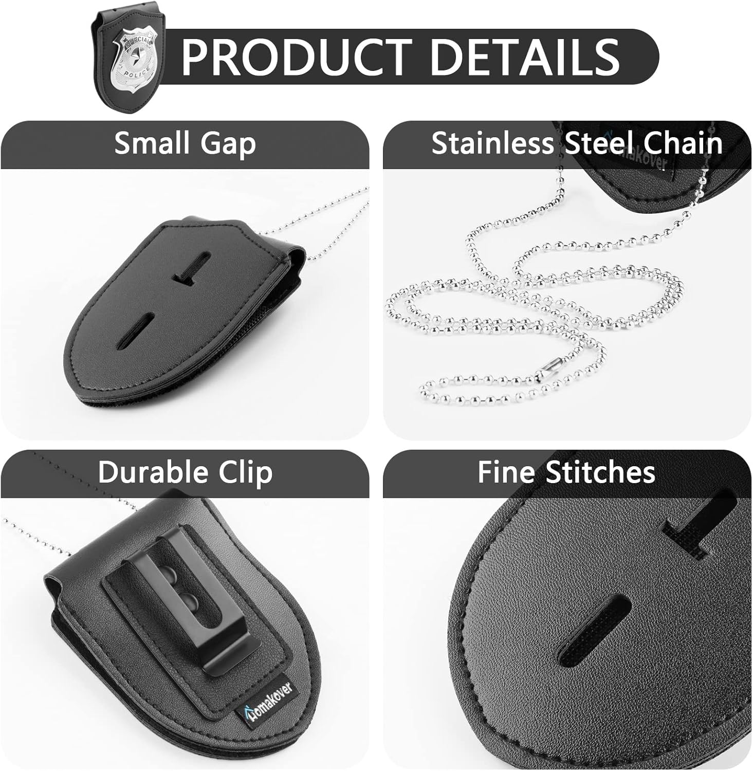 1 Pack Sheriff Badge Shield Holder with Faux Leather Wrapped Heavy Duty Steel Belt Clip with Stainless Steel Necklace, Universal, Black, Deputy Badge Holder, 8x3 inch (1 Pack) - Image 1