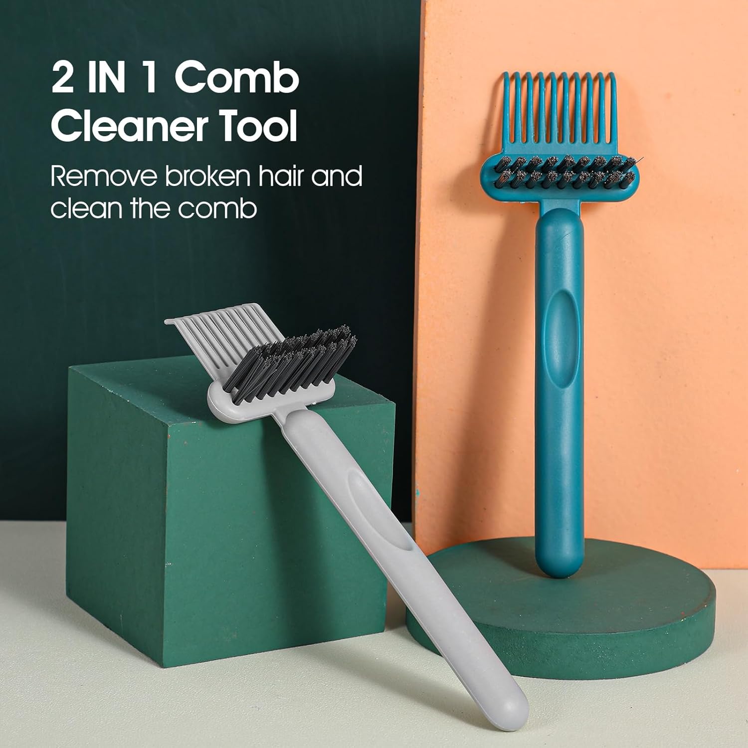 2 Pack 2-in-1 Hair Brush Cleaning Tool Hair Brush Cleaner and Remover Tool Dual-Sided Hairbrush Clean Tools for Removing Hairs and Dust Perfect for Home Salon Travel Use (Green Grey) - Image 5