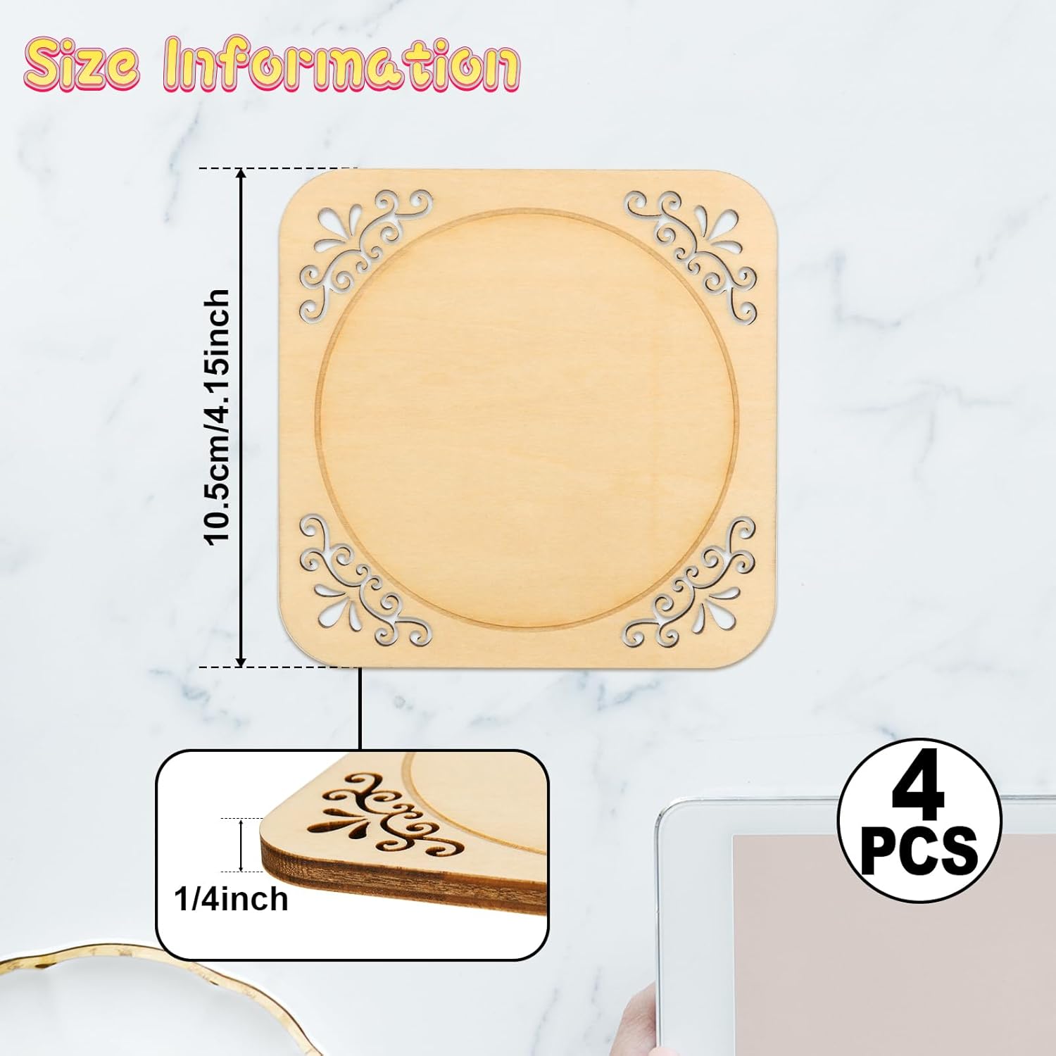 4 Pcs Unfinished Wood Coasters, 4 Inch Square Blank Coaster with Non Slip Pad for DIY Stained Painting Wood Engraving Wedding Halloween Christmas Home Decoration (Square) - Image 2