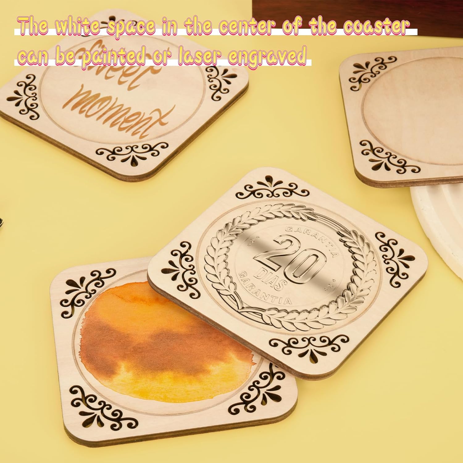 4 Pcs Unfinished Wood Coasters, 4 Inch Square Blank Coaster with Non Slip Pad for DIY Stained Painting Wood Engraving Wedding Halloween Christmas Home Decoration (Square) - Image 3