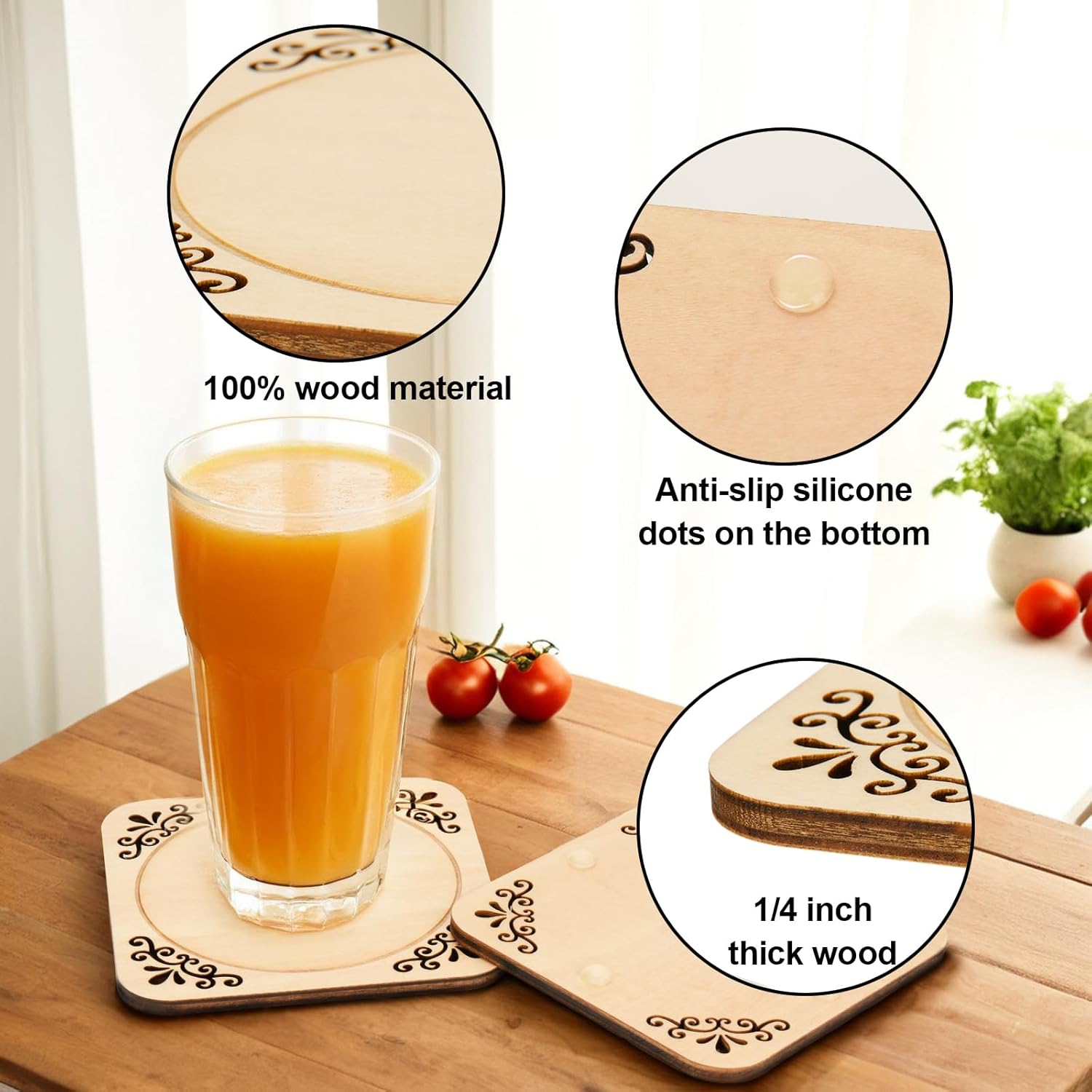 4 Pcs Unfinished Wood Coasters, 4 Inch Square Blank Coaster with Non Slip Pad for DIY Stained Painting Wood Engraving Wedding Halloween Christmas Home Decoration (Square) - Image 4