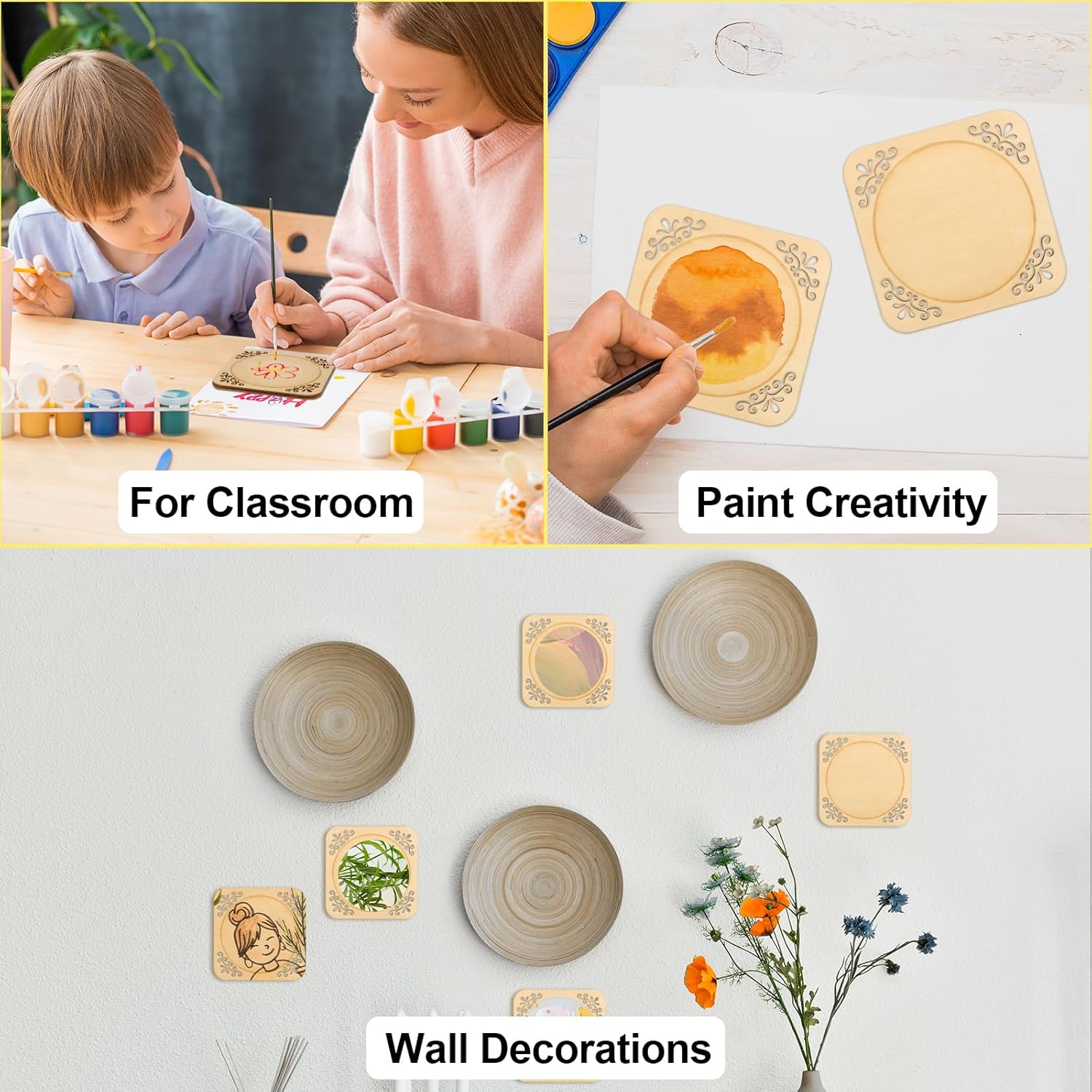 4 Pcs Unfinished Wood Coasters, 4 Inch Square Blank Coaster with Non Slip Pad for DIY Stained Painting Wood Engraving Wedding Halloween Christmas Home Decoration (Square) - Image 6