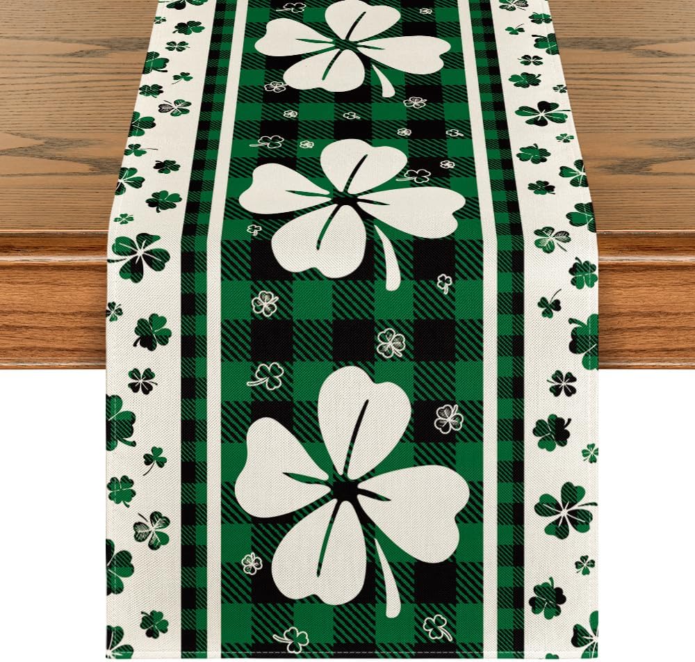 Green Clover Buffalo Plaid Shamrocks St.Patrick's Day Table Runner, Seasonal Kitchen Dining Table Decoration for Indoor Home Party 13x72 Inch - Image 1