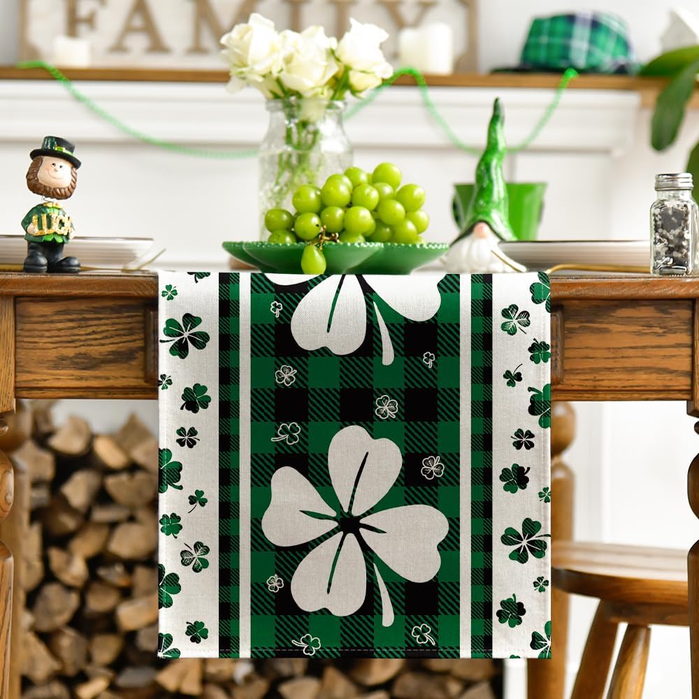 Green Clover Buffalo Plaid Shamrocks St.Patrick's Day Table Runner, Seasonal Kitchen Dining Table Decoration for Indoor Home Party 13x72 Inch - Image 2