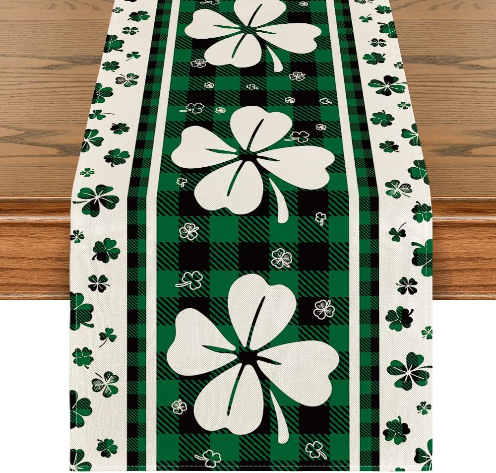 Green Clover Buffalo Plaid Shamrocks St.Patrick's Day Table Runner, Seasonal Kitchen Dining Table Decoration for Indoor Home Party 13x72 Inch - Image 3