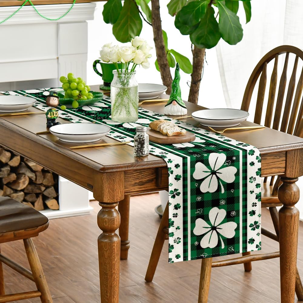 Green Clover Buffalo Plaid Shamrocks St.Patrick's Day Table Runner, Seasonal Kitchen Dining Table Decoration for Indoor Home Party 13x72 Inch - Image 4