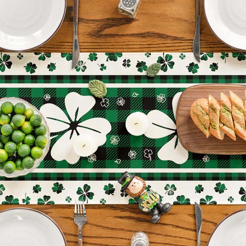 Green Clover Buffalo Plaid Shamrocks St.Patrick's Day Table Runner, Seasonal Kitchen Dining Table Decoration for Indoor Home Party 13x72 Inch - Image 5