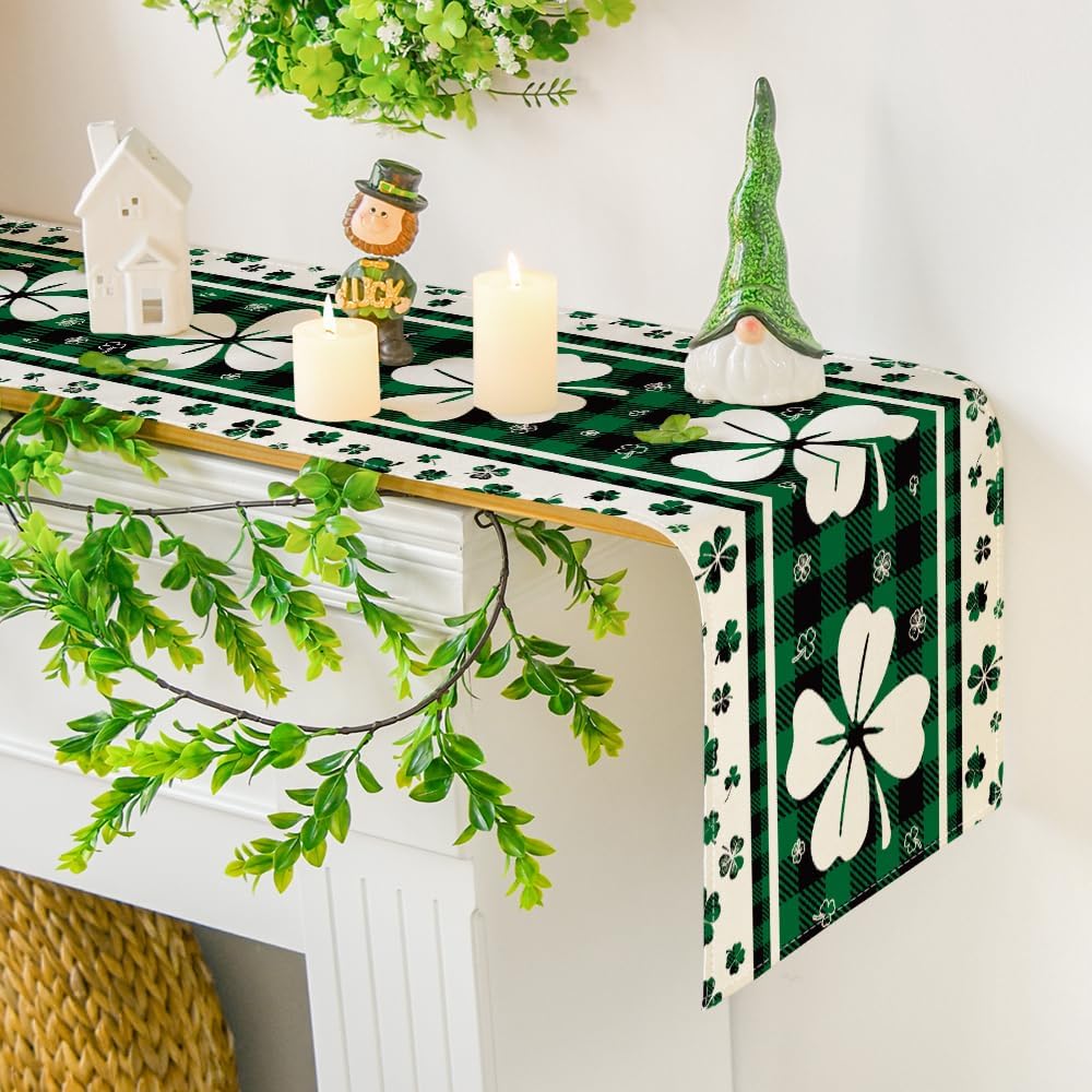 Green Clover Buffalo Plaid Shamrocks St.Patrick's Day Table Runner, Seasonal Kitchen Dining Table Decoration for Indoor Home Party 13x72 Inch - Image 8