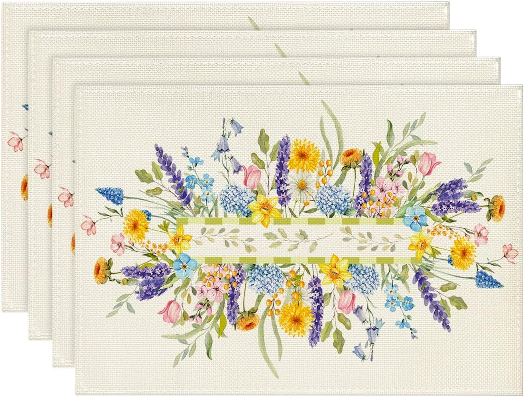 Bloom Flowers Tulip Spring Placemats Set of 4, 12x18 Inch Seasonal Table Mats for Party Kitchen Dining Decoration - Image 1
